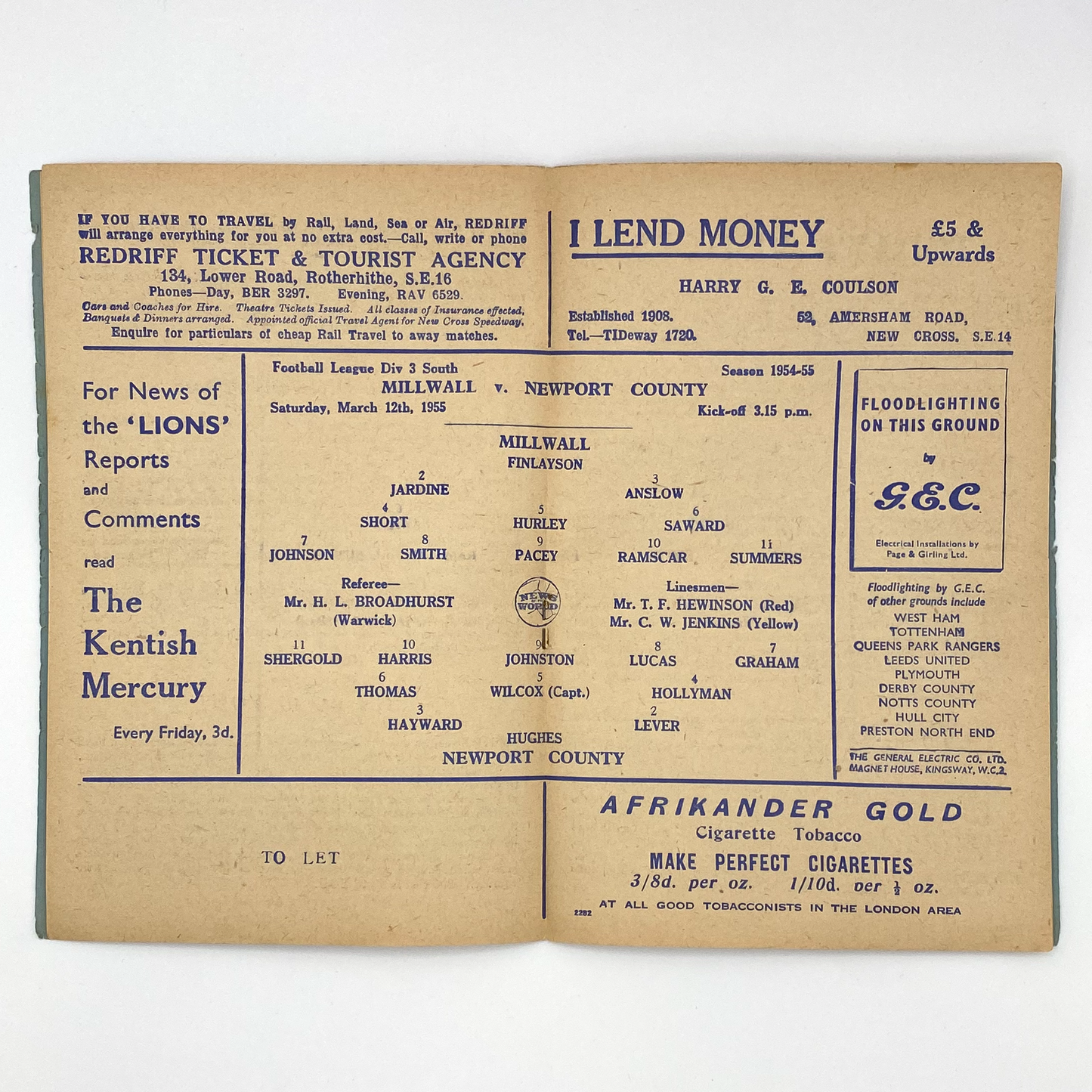 Millwall vs Newport County Programme (12 March, 1955)