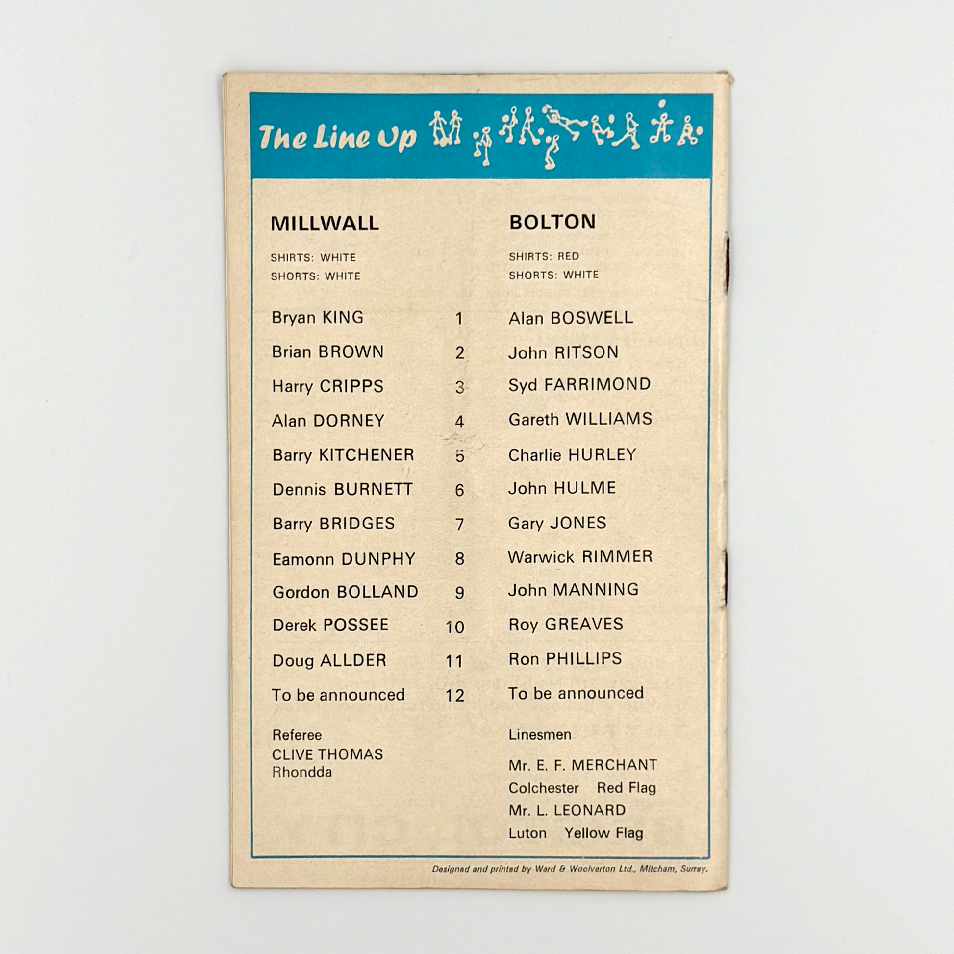 Millwall vs Bolton Wanderers Programme (14 November, 1970)