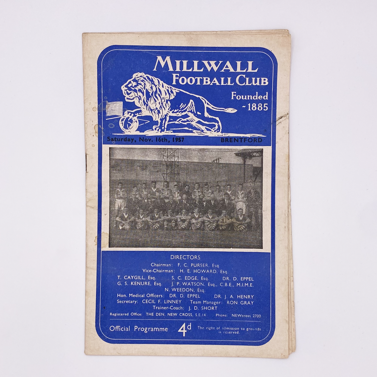 Millwall vs Brentford Programme (16 November, 1957)