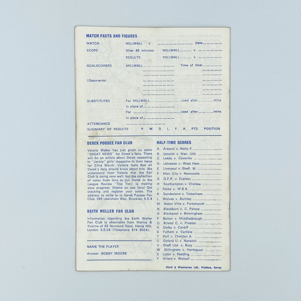 Millwall vs Huddersfield Town Programme (1 February, 1969)