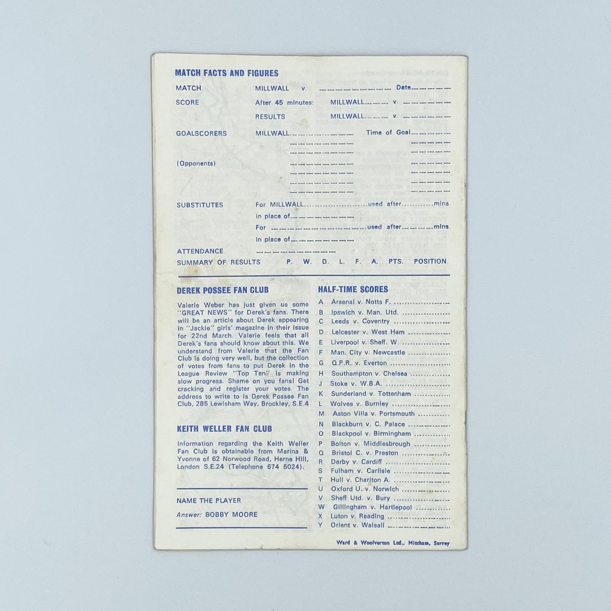 Millwall vs Huddersfield Town Programme (1 February, 1969)