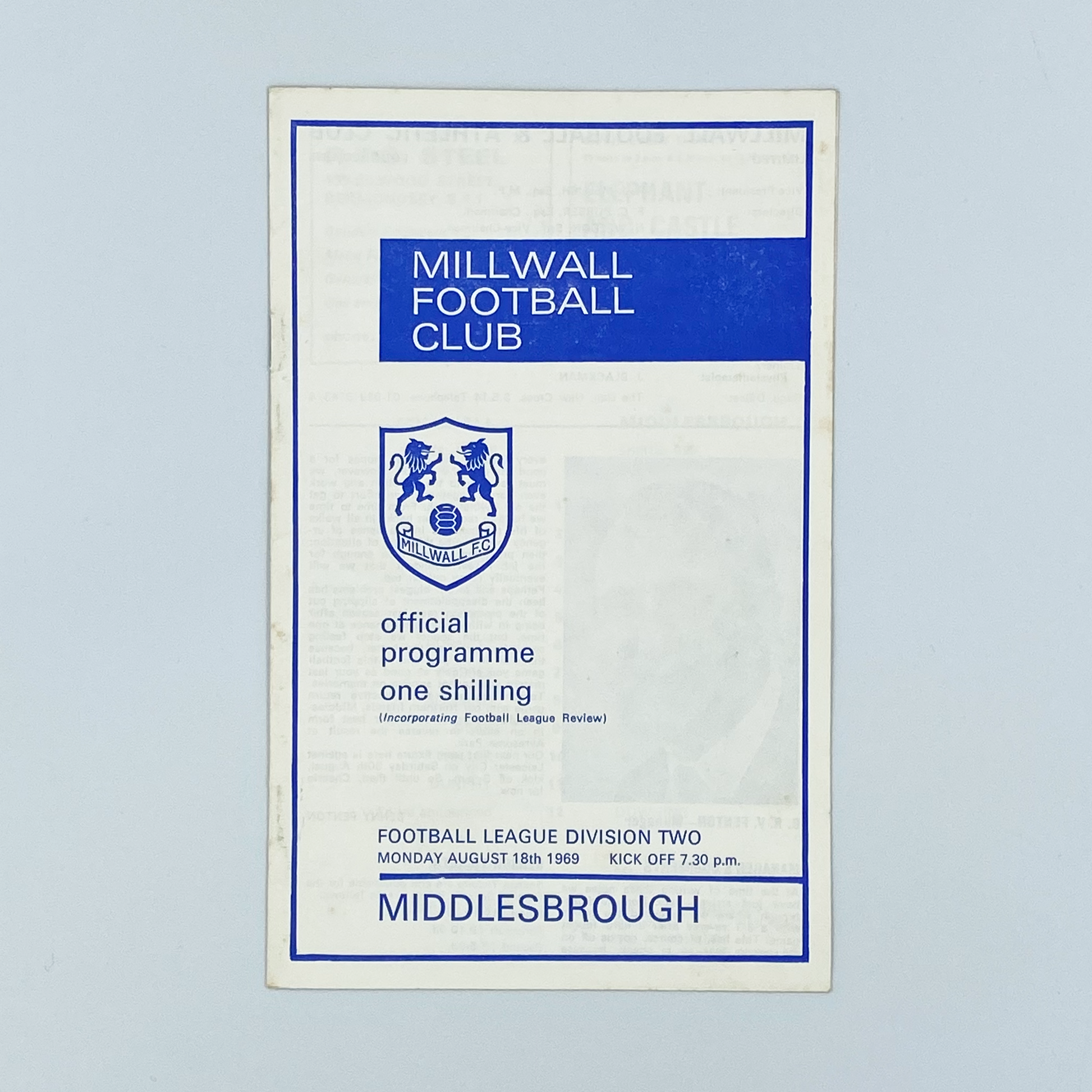Millwall vs Middlesbrough Programme (18 August, 1969)