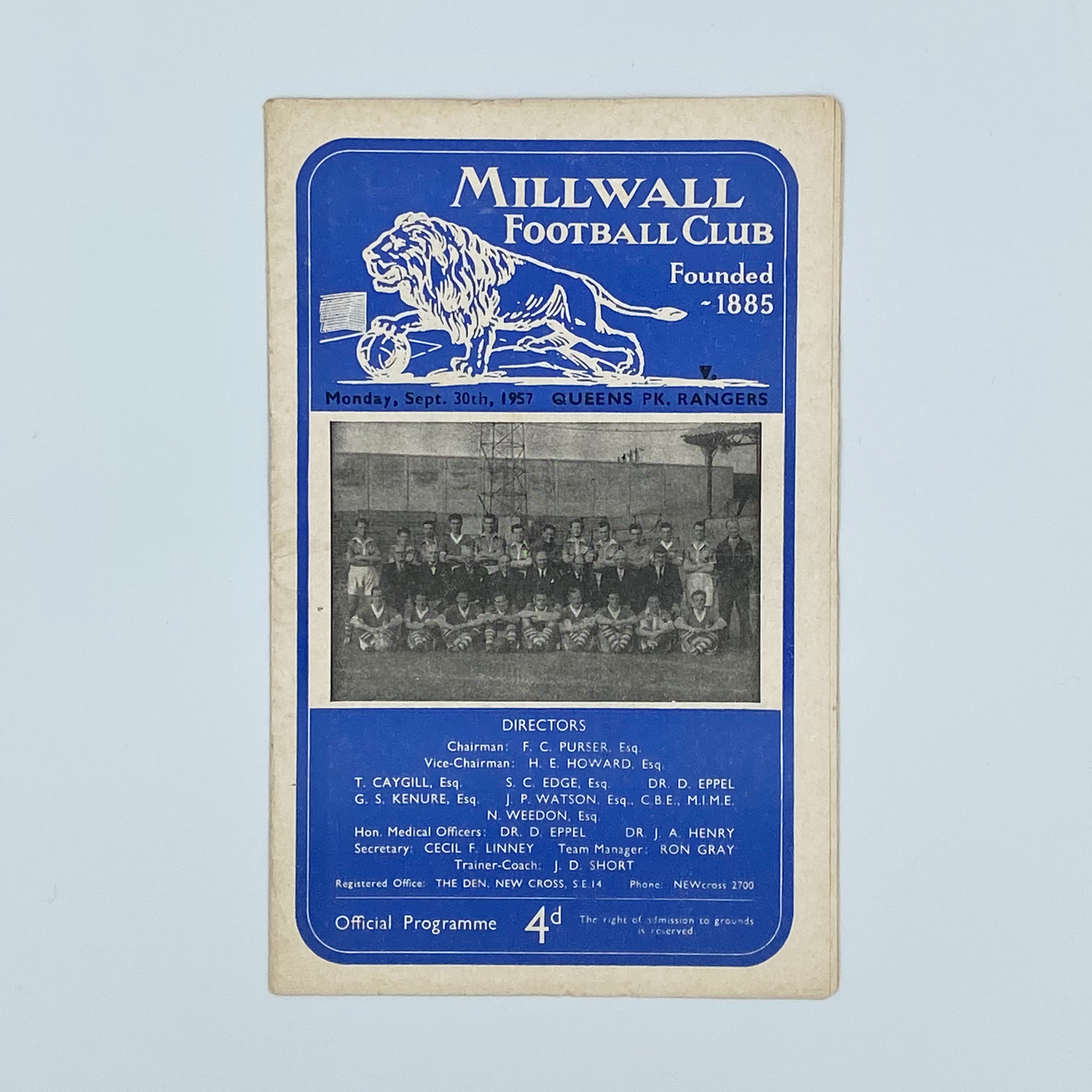 Millwall vs Queens Park Rangers Programme (30 September, 1957)