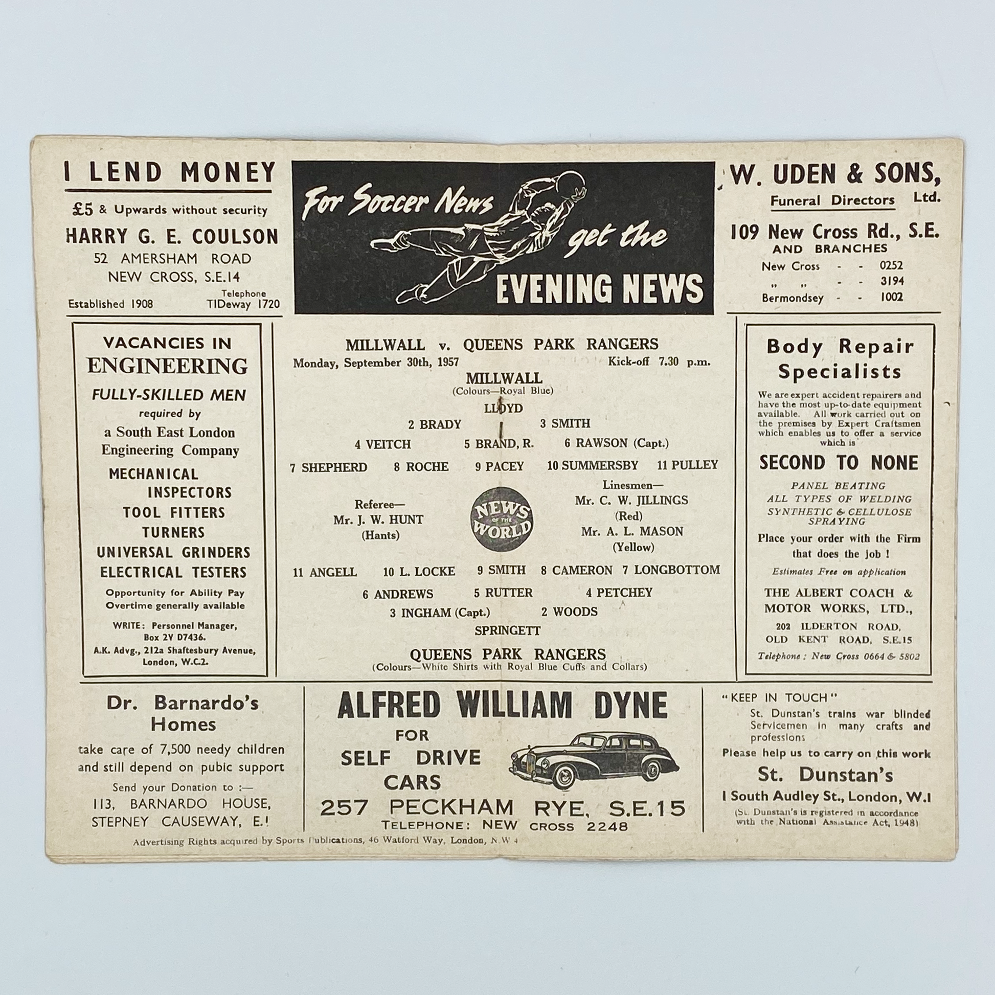 Millwall vs Queens Park Rangers Programme (30 September, 1957)