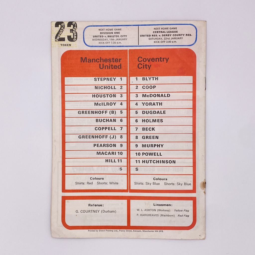 Manchester United vs Coventry City Programme (15 January, 1977)
