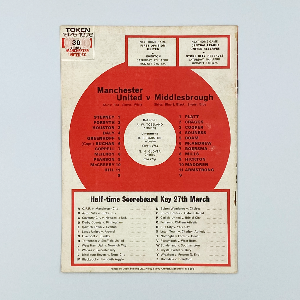 Manchester United vs Middlesbrough Programme (27 March, 1976)