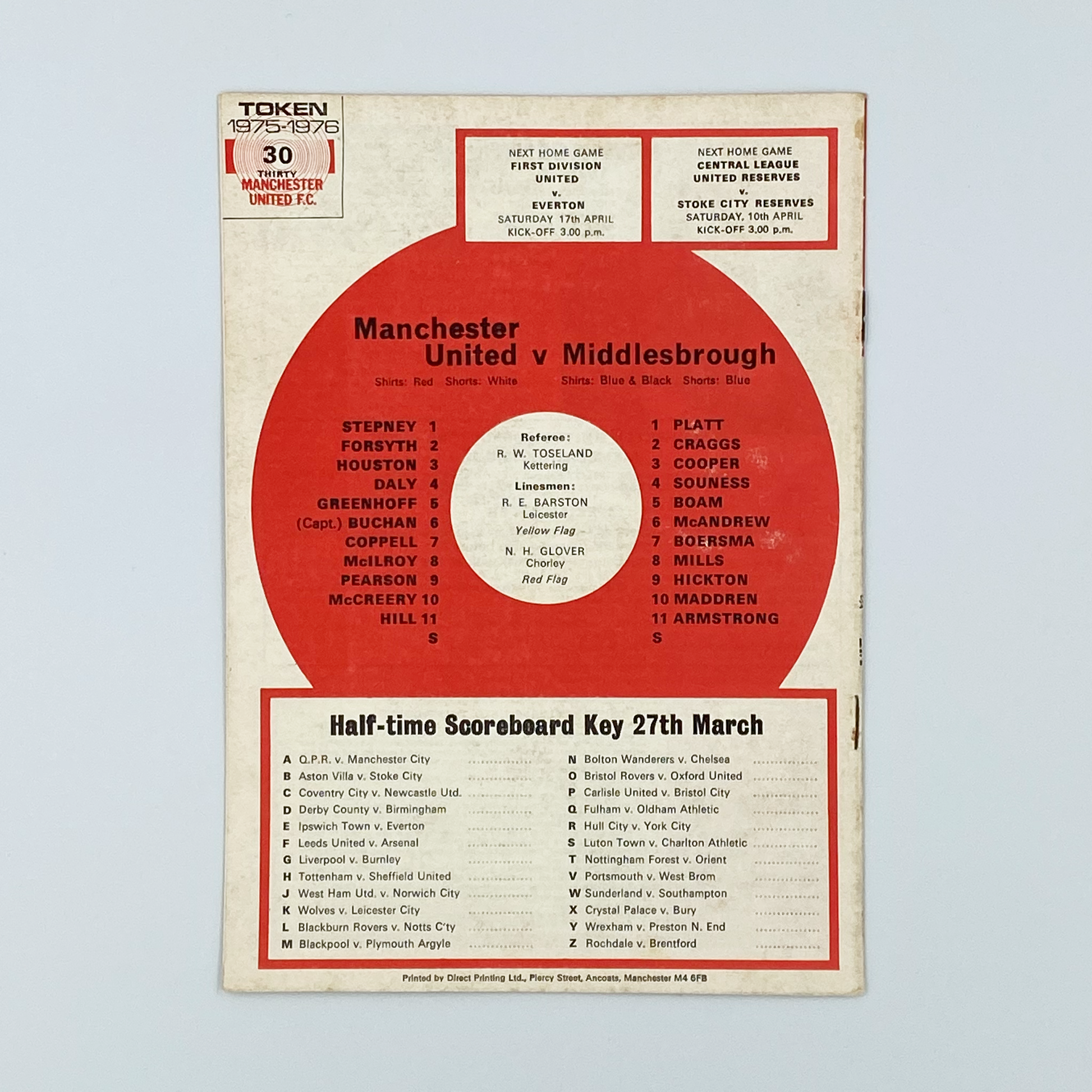 Manchester United vs Middlesbrough Programme (27 March, 1976)