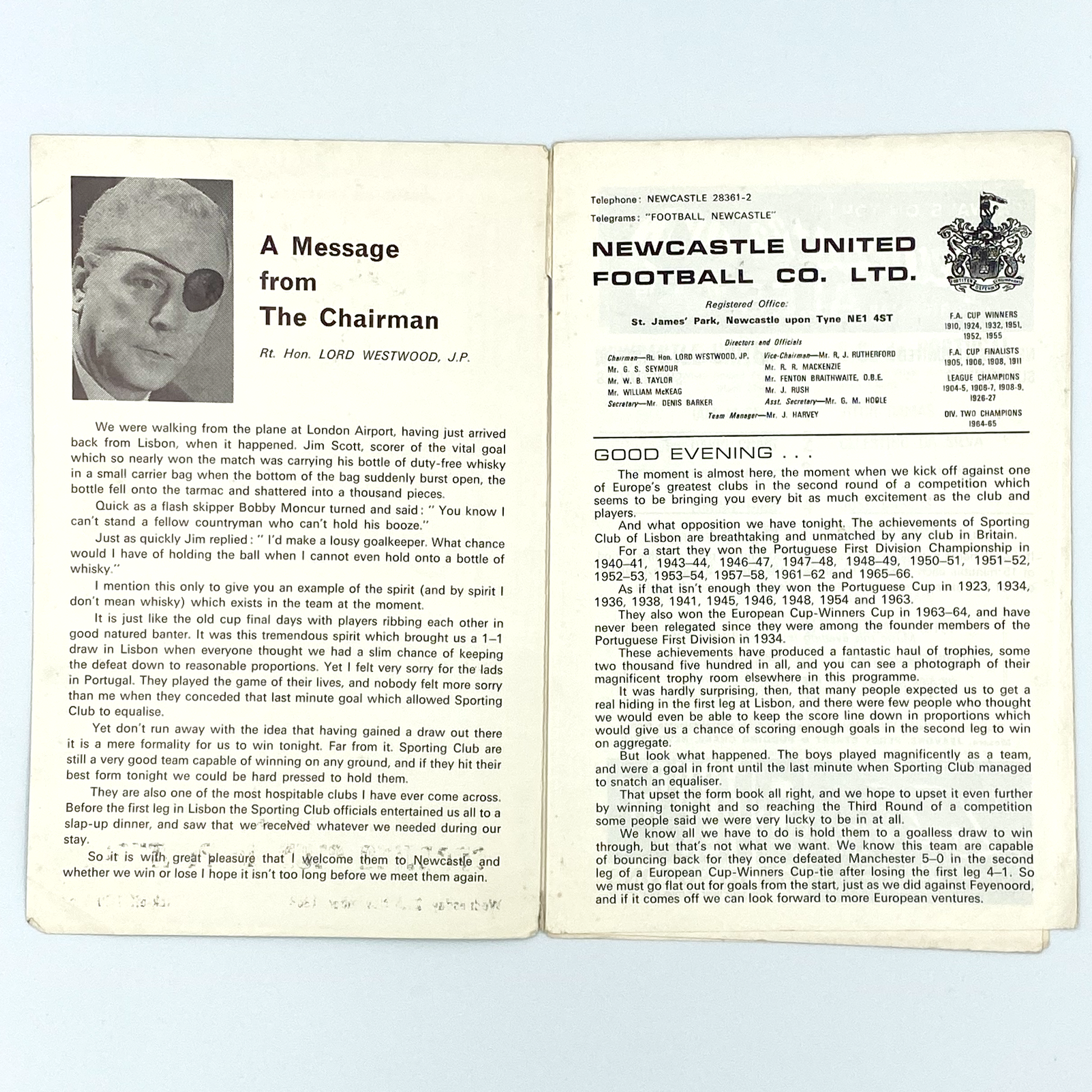 Newcastle United vs Sporting CP Programme (20 November, 1968)