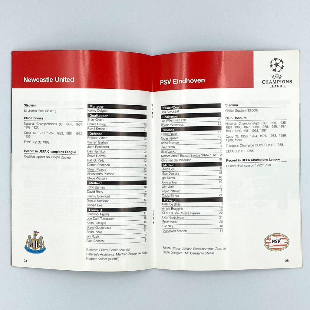 Newcastle United vs PSV Eindhoven Programme (5 November, 1997)