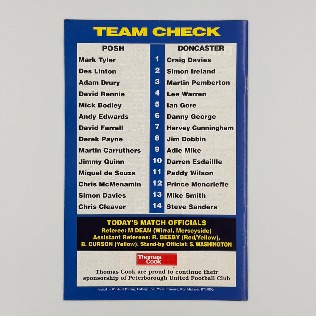 Peterborough United vs Doncaster Rovers Programme (10 February, 1998)