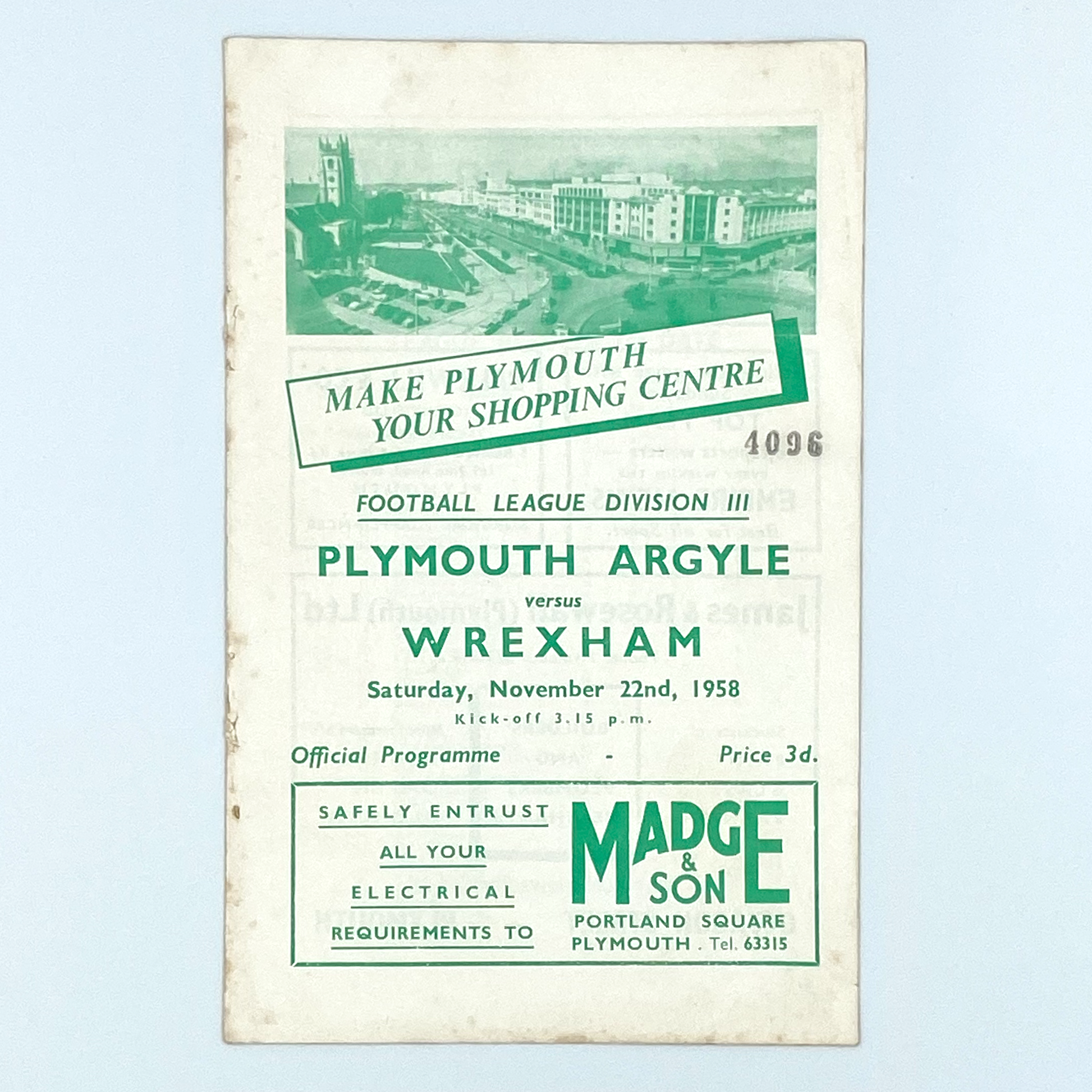 Plymouth Argyle vs Wrexham Programme (22 November, 1958)