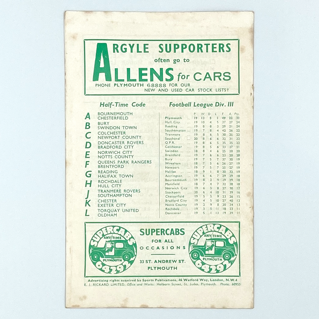 Plymouth Argyle vs Wrexham Programme (22 November, 1958)