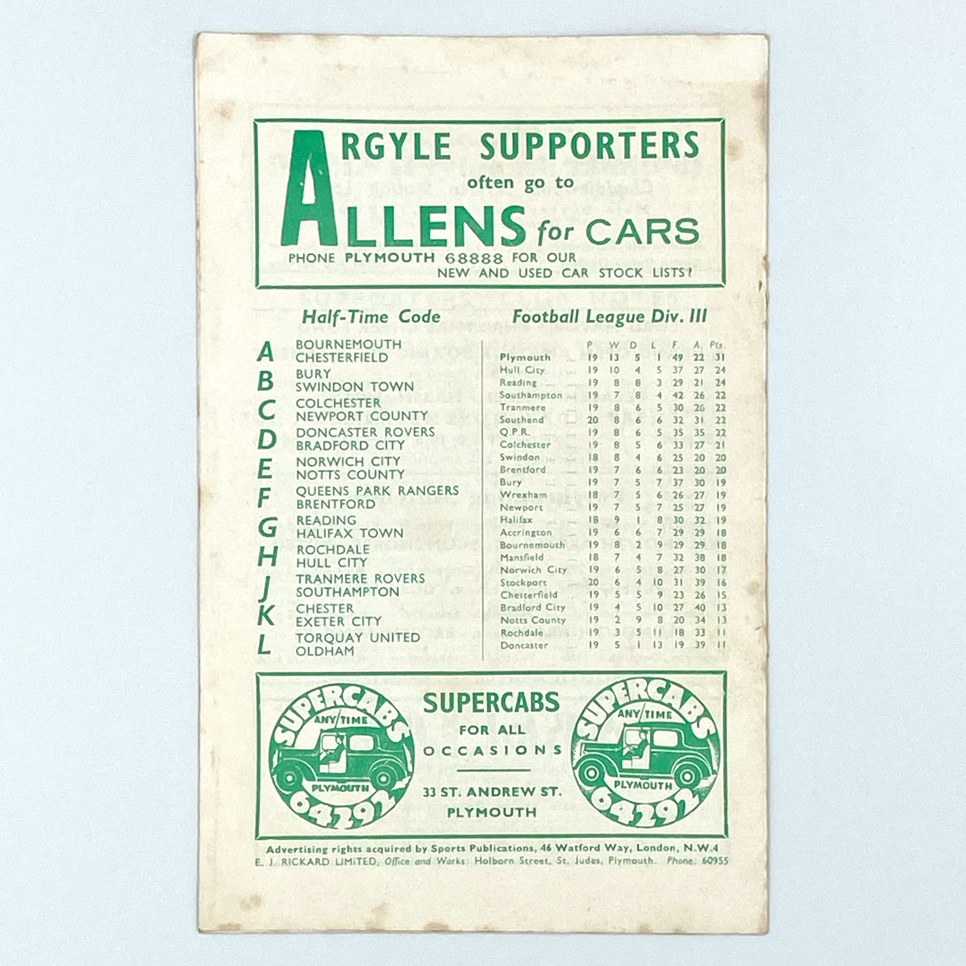 Plymouth Argyle vs Wrexham Programme (22 November, 1958)