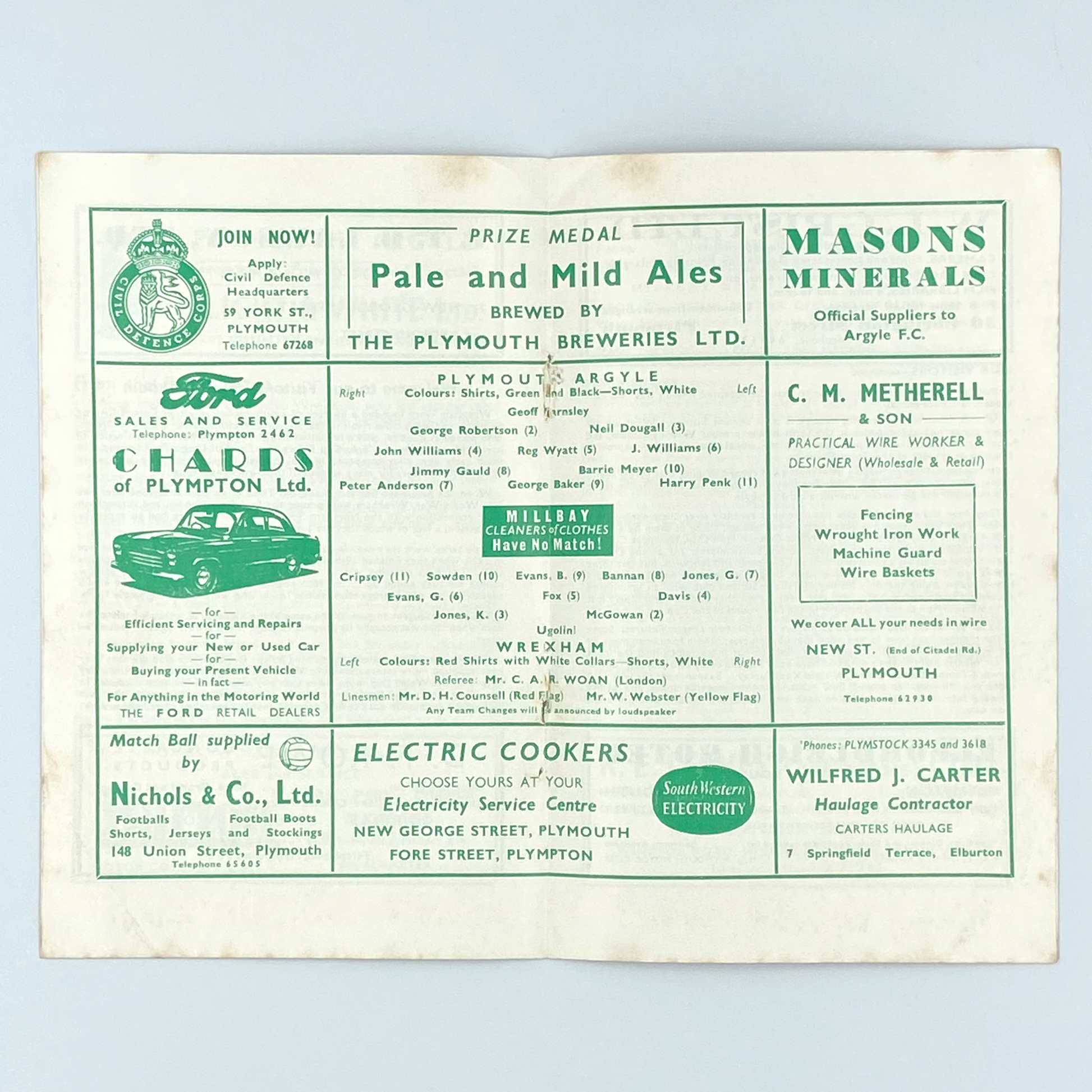 Plymouth Argyle vs Wrexham Programme (22 November, 1958)