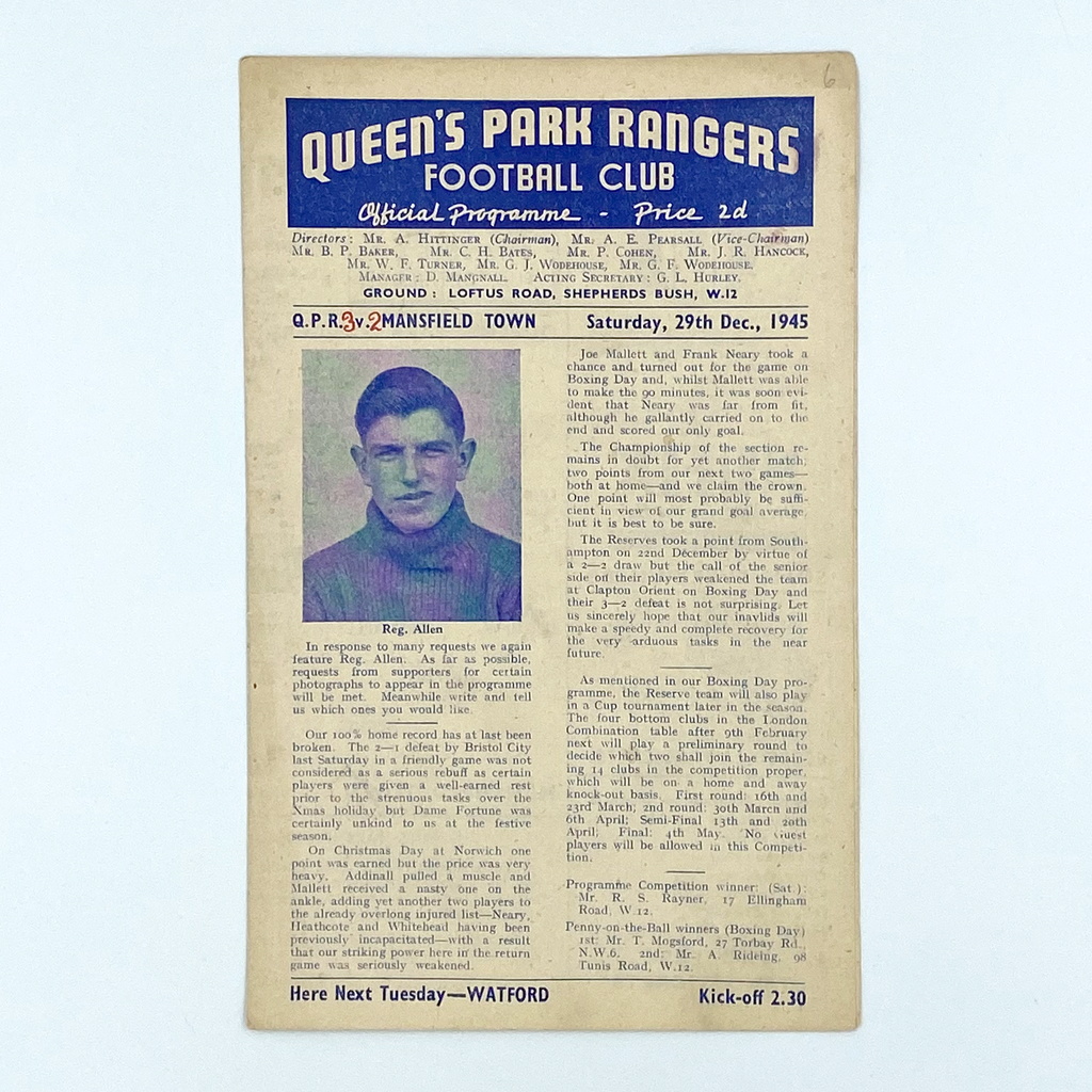 Queens Park Rangers vs Mansfield Town Programme (29 December, 1945)