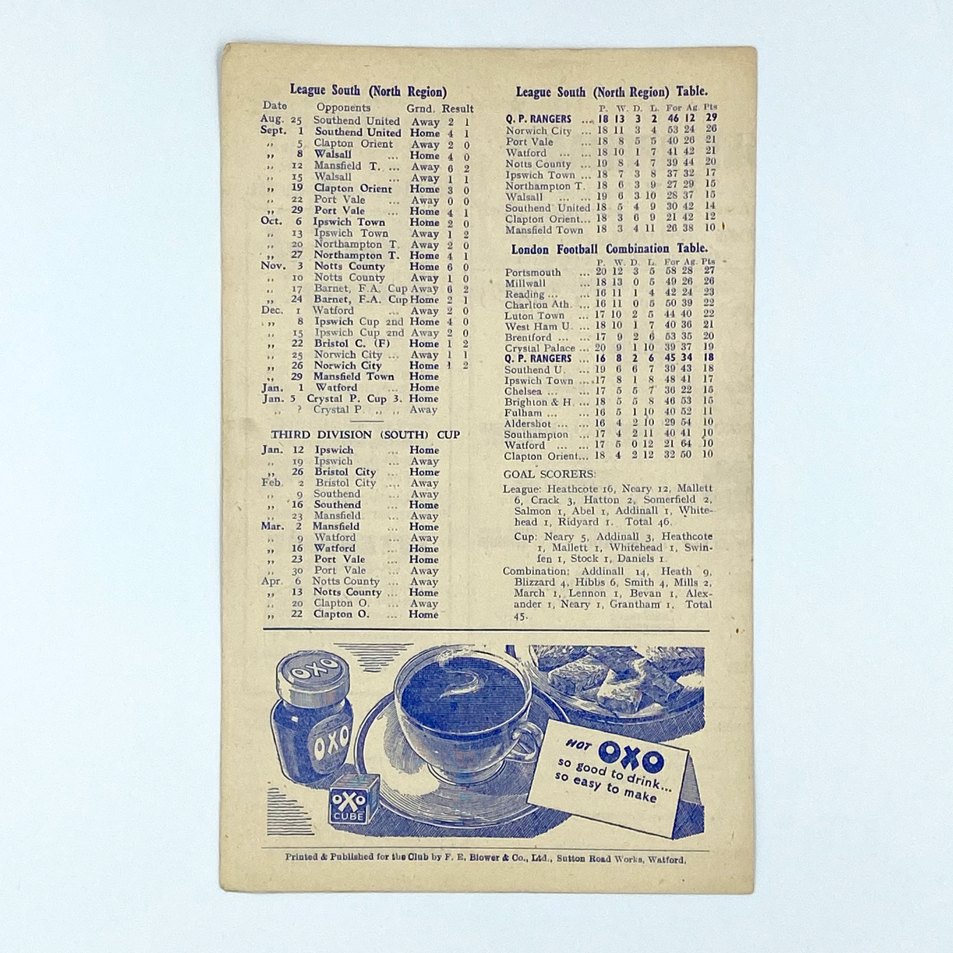 Queens Park Rangers vs Mansfield Town Programme (29 December, 1945)