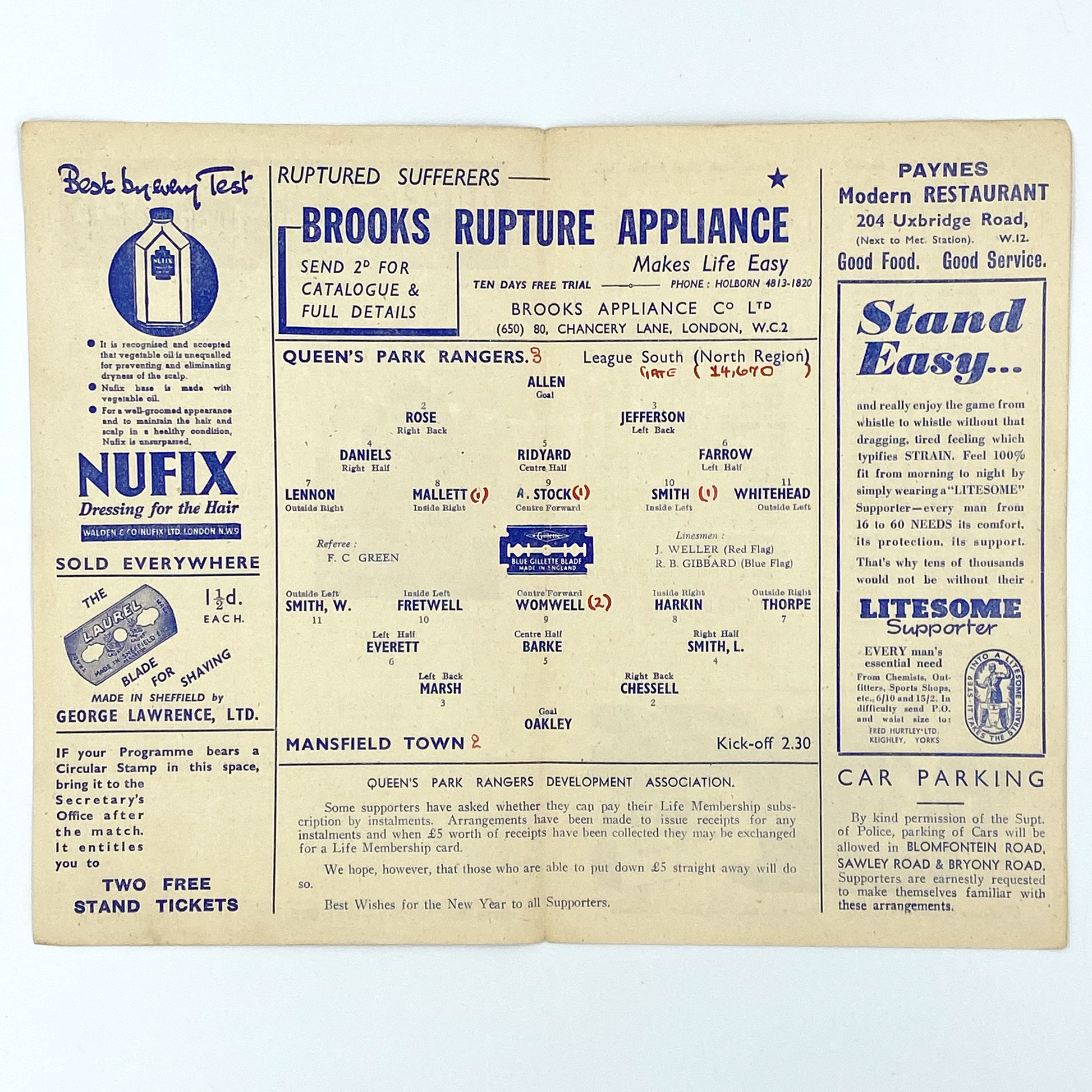 Queens Park Rangers vs Mansfield Town Programme (29 December, 1945)