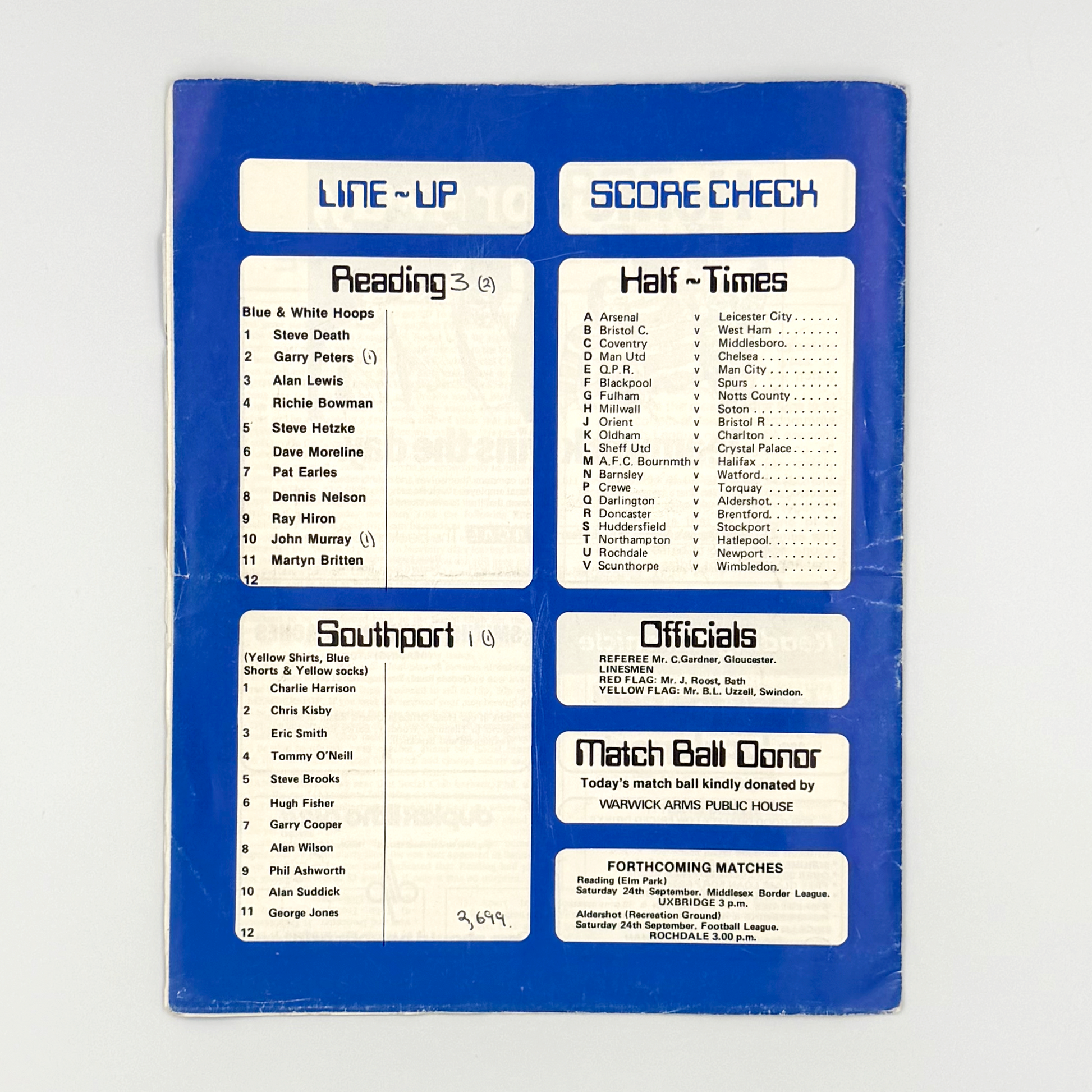 Reading vs Southport Programme (17 September, 1977)
