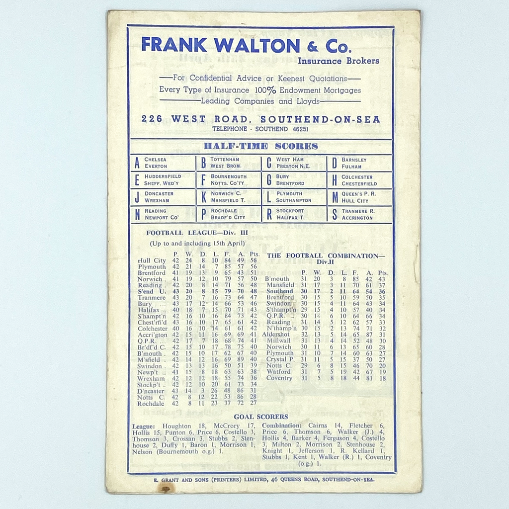 Southend United vs Swindon Town Programme (18 April, 1959)