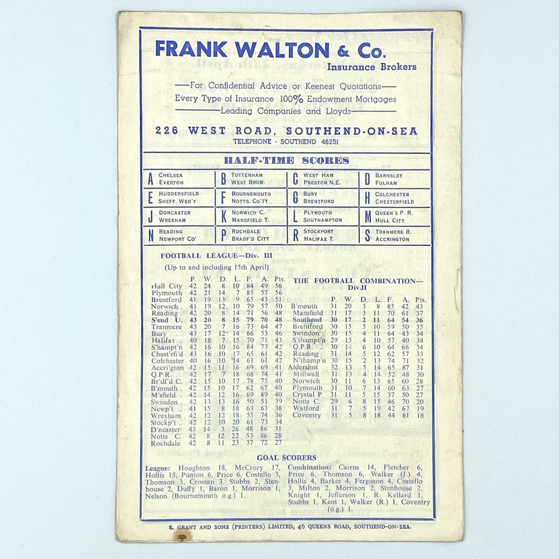 Southend United vs Swindon Town Programme (18 April, 1959)