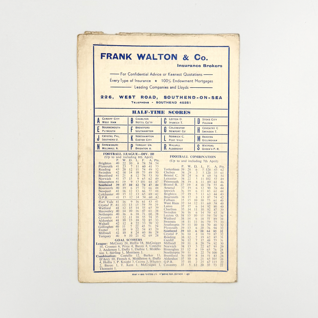 Southend United vs Leyton Orient Programme (12 April, 1958)
