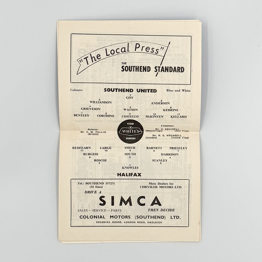 Southend United vs Halifax Town Programme (2 December, 1961)