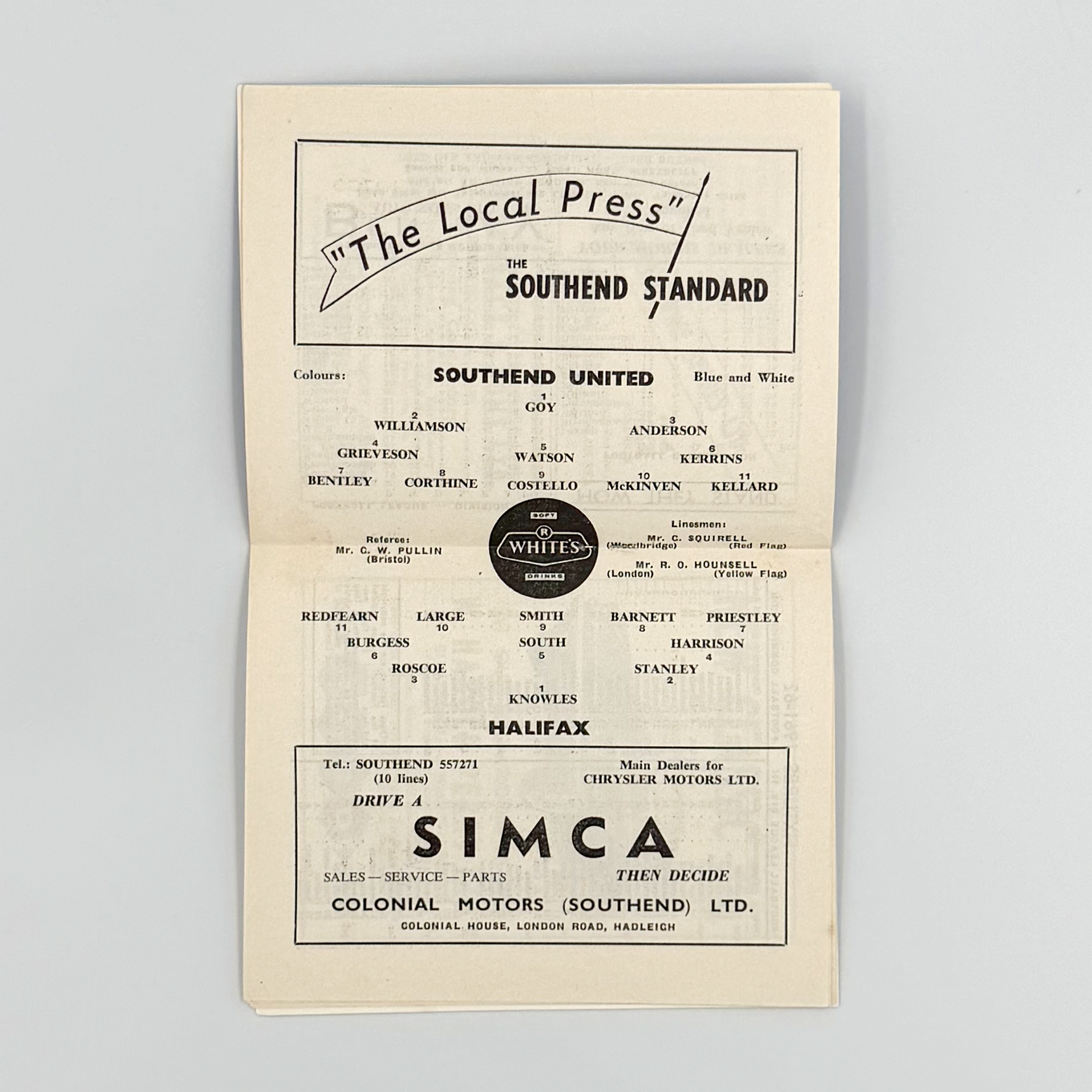 Southend United vs Halifax Town Programme (2 December, 1961)