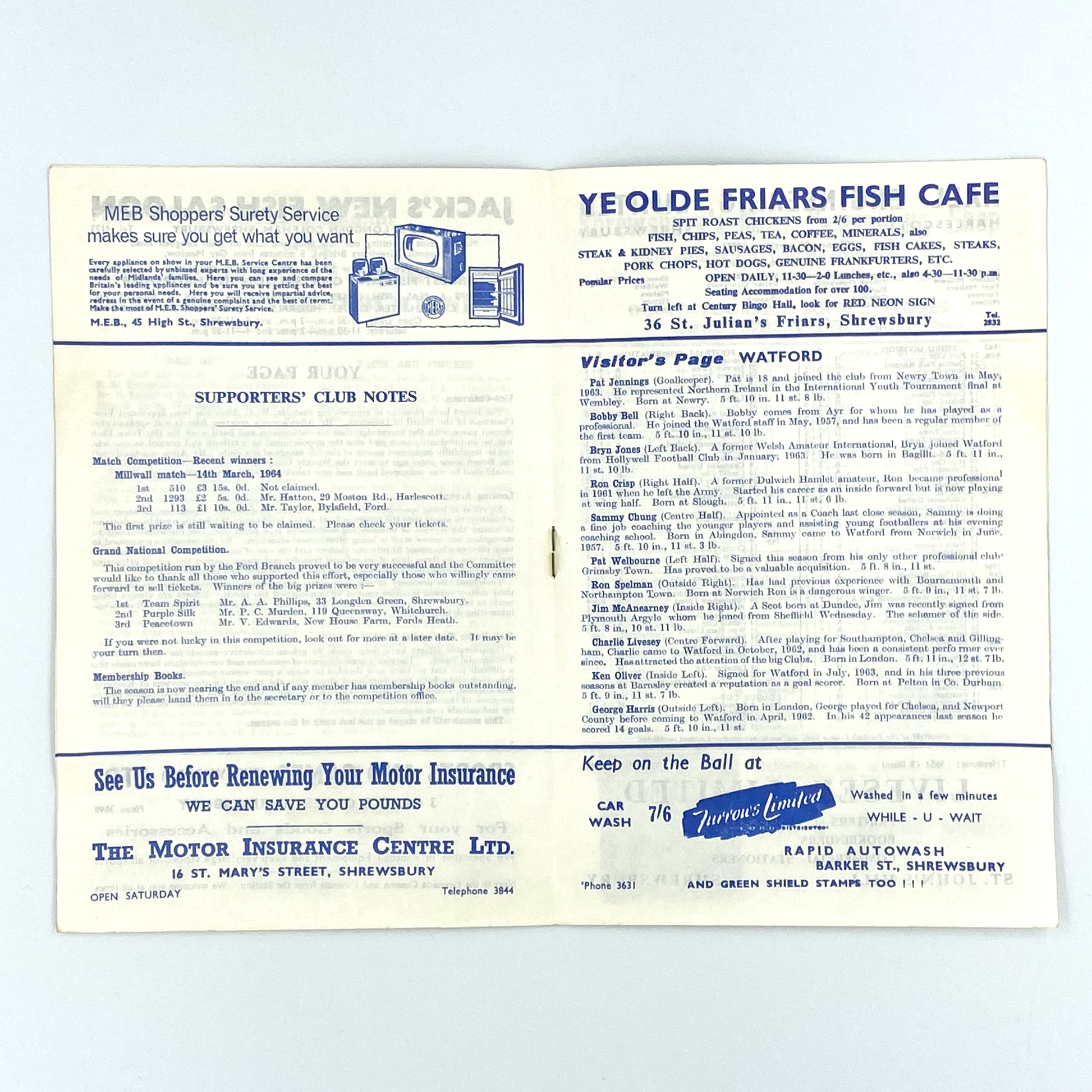 Shrewsbury Town vs Watford Programme (28 March, 1964)