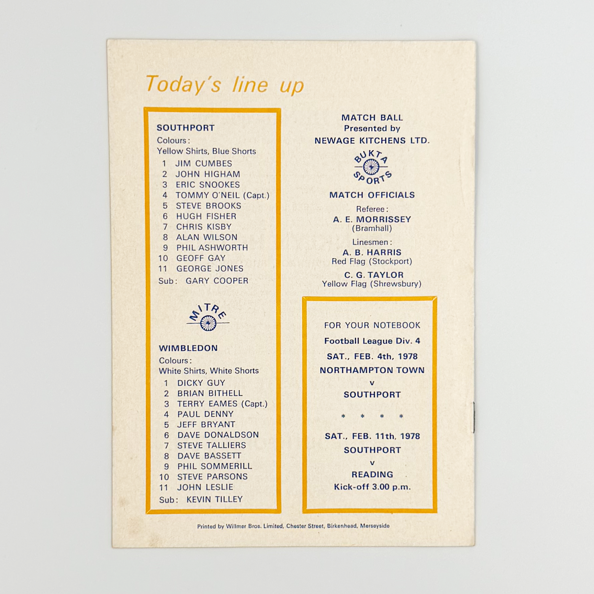 Southport vs Wimbledon Programme (28 January, 1978)