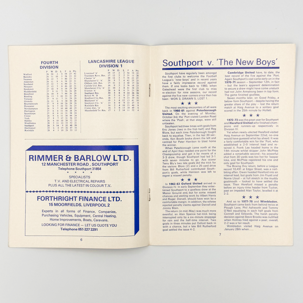 Southport vs Wimbledon Programme (28 January, 1978)