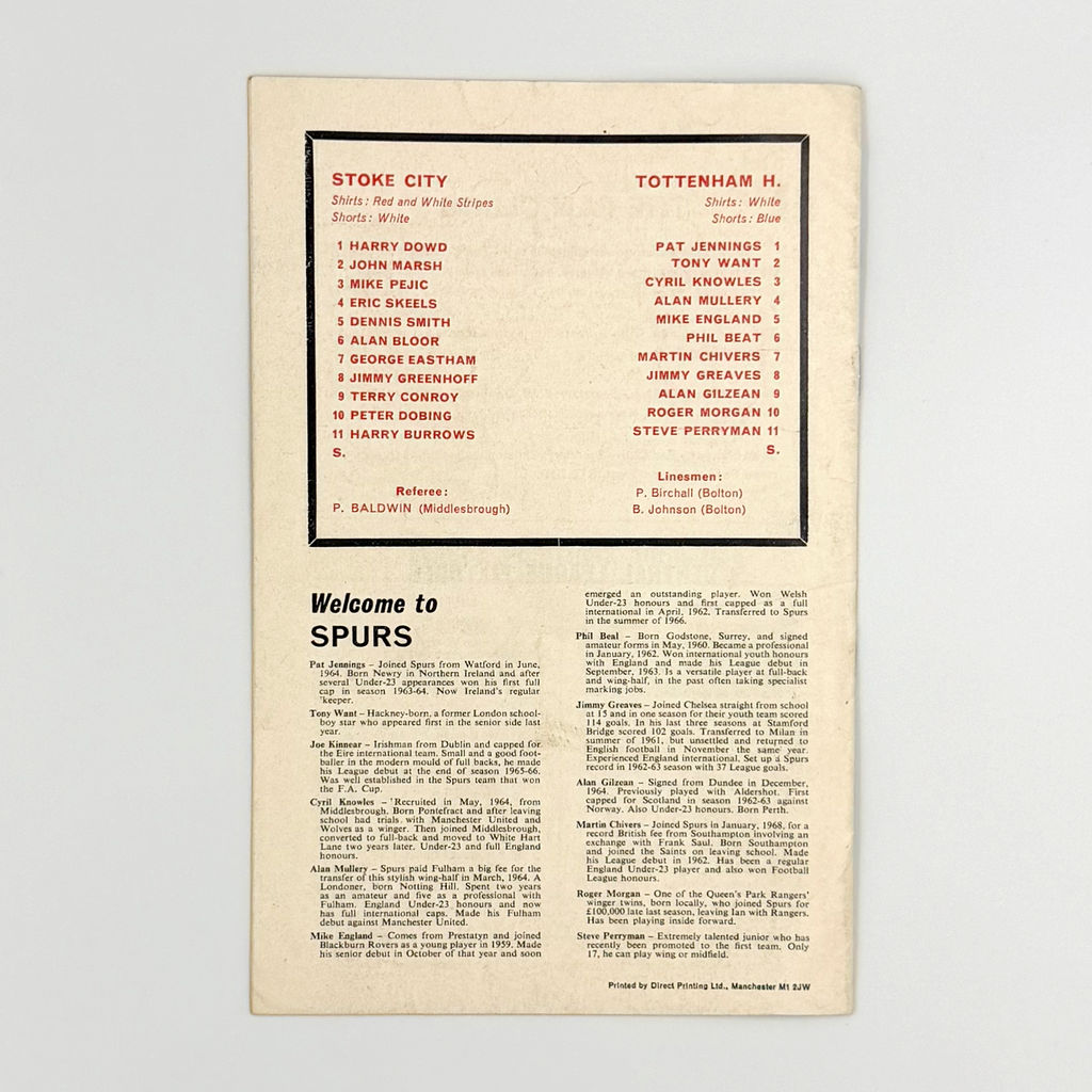 Stoke City vs Tottenham Hotspur Programme (25 October, 1969)