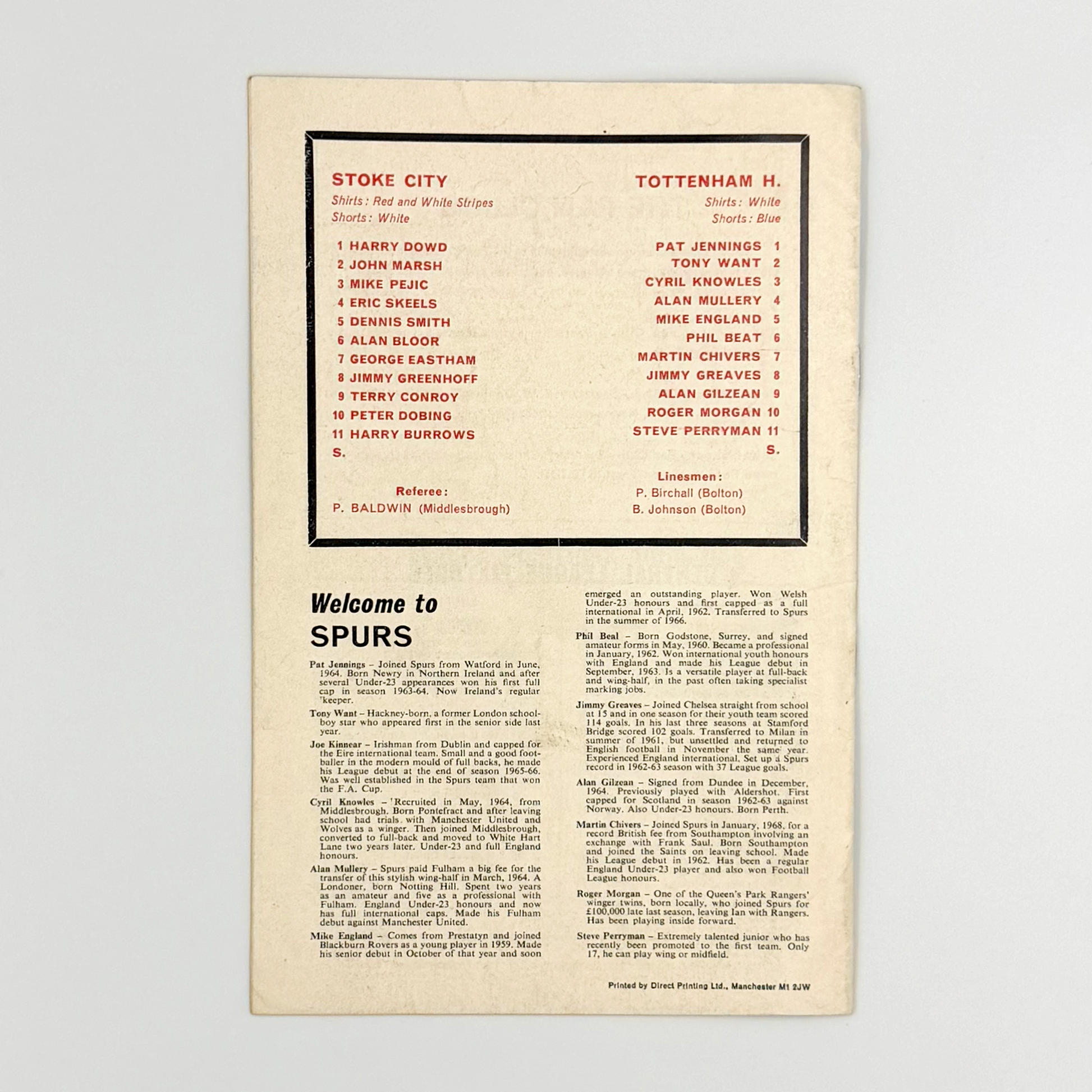 Stoke City vs Tottenham Hotspur Programme (25 October, 1969)