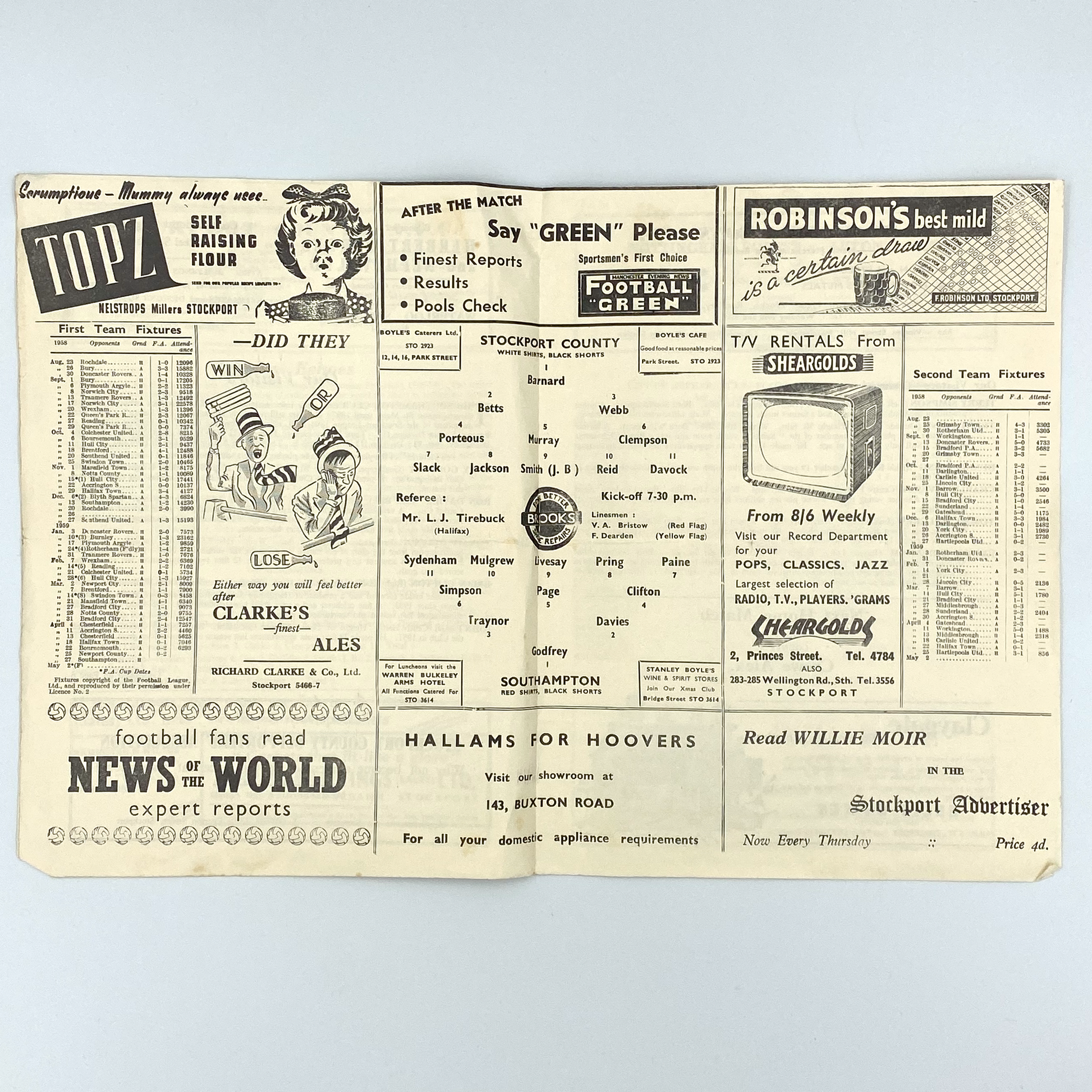 Stockport County vs Southampton Programme (27 April, 1959)