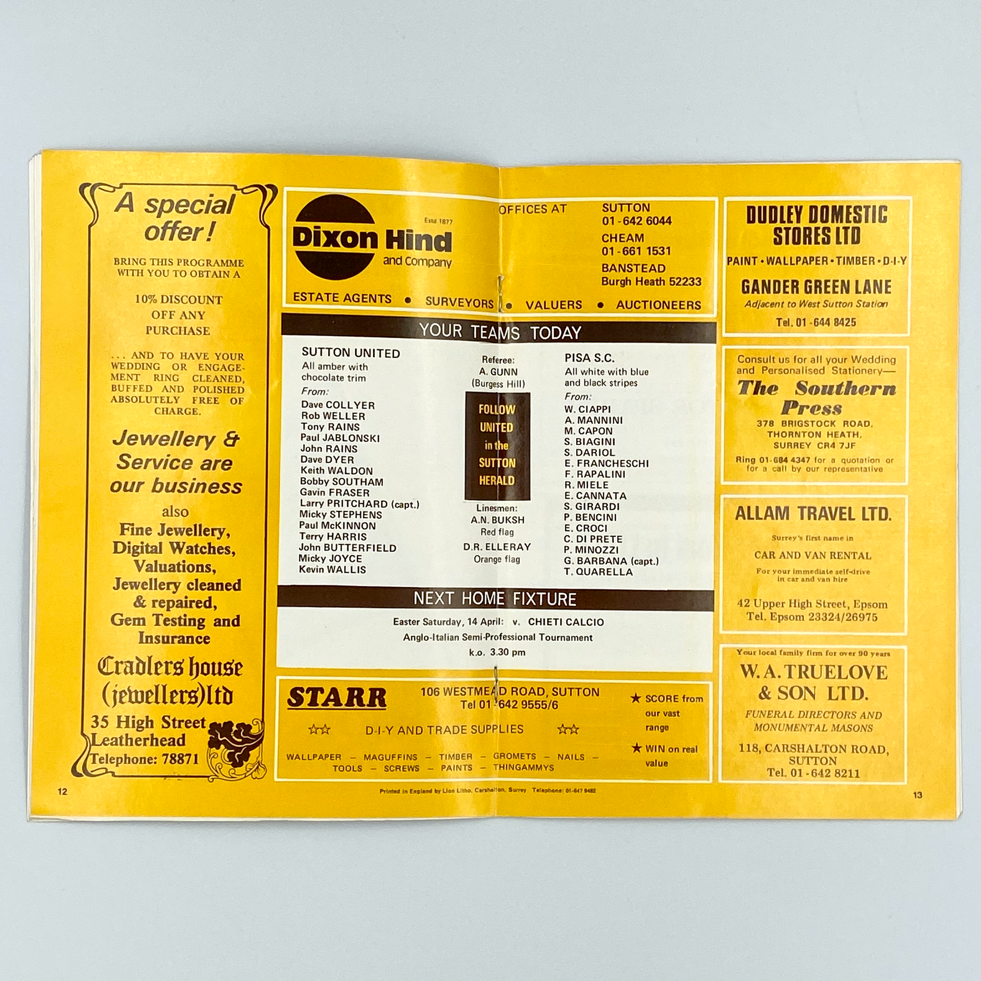 Sutton United vs Pisa SC Programme (11 April, 1979)