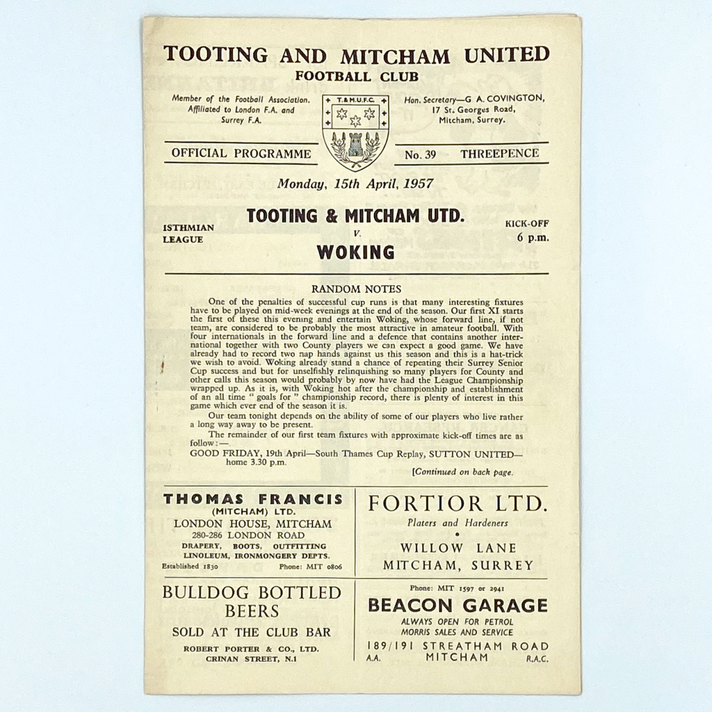 Tooting & Mitcham United vs Woking Programme (15 April, 1957)