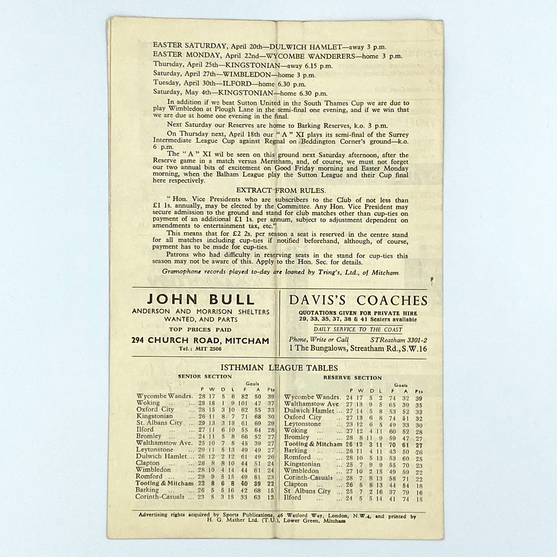 Tooting & Mitcham United vs Woking Programme (15 April, 1957)