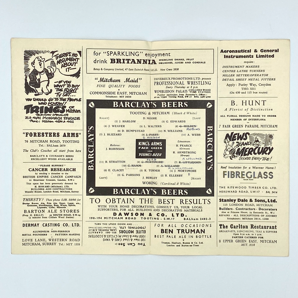 Tooting & Mitcham United vs Woking Programme (15 April, 1957)