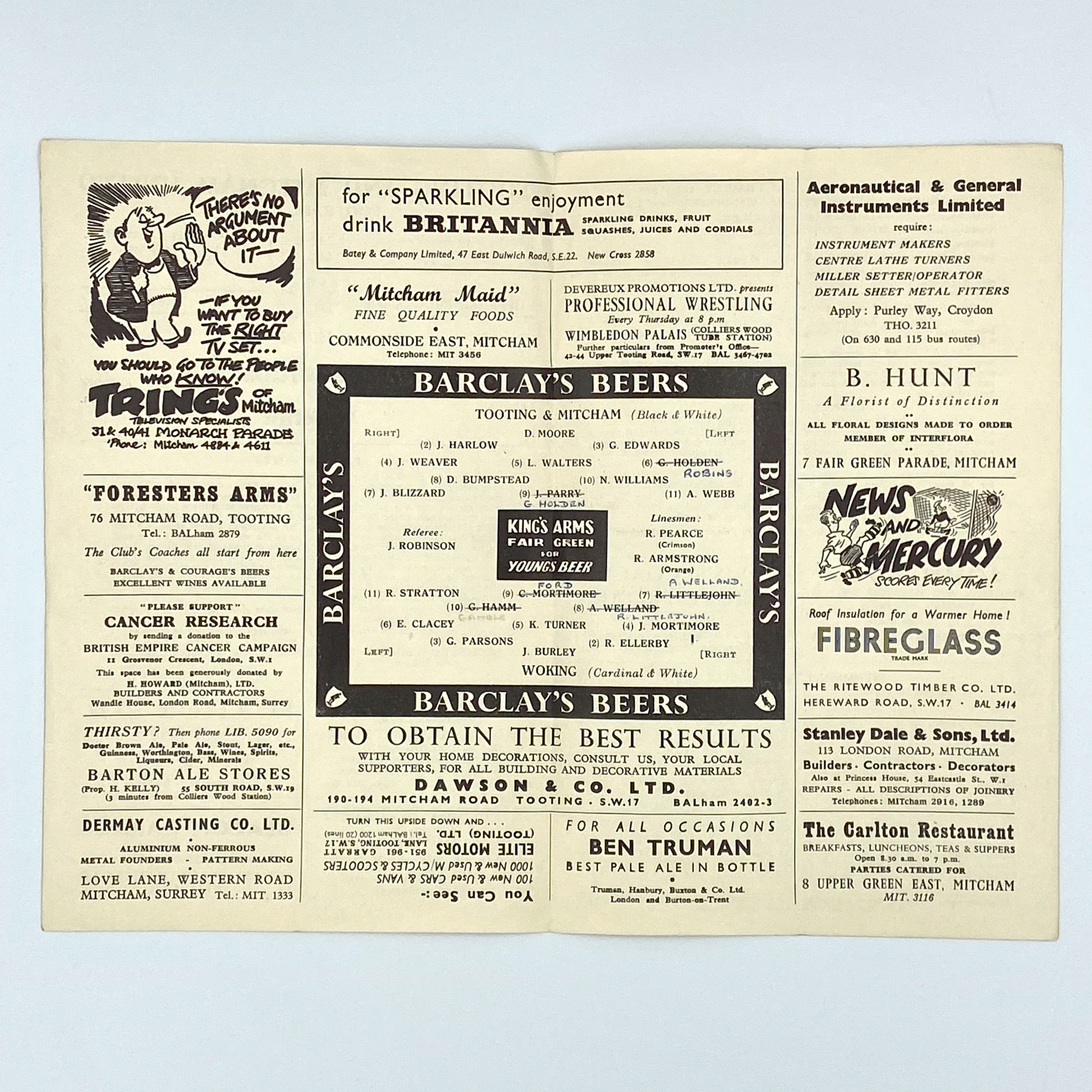 Tooting & Mitcham United vs Woking Programme (15 April, 1957)