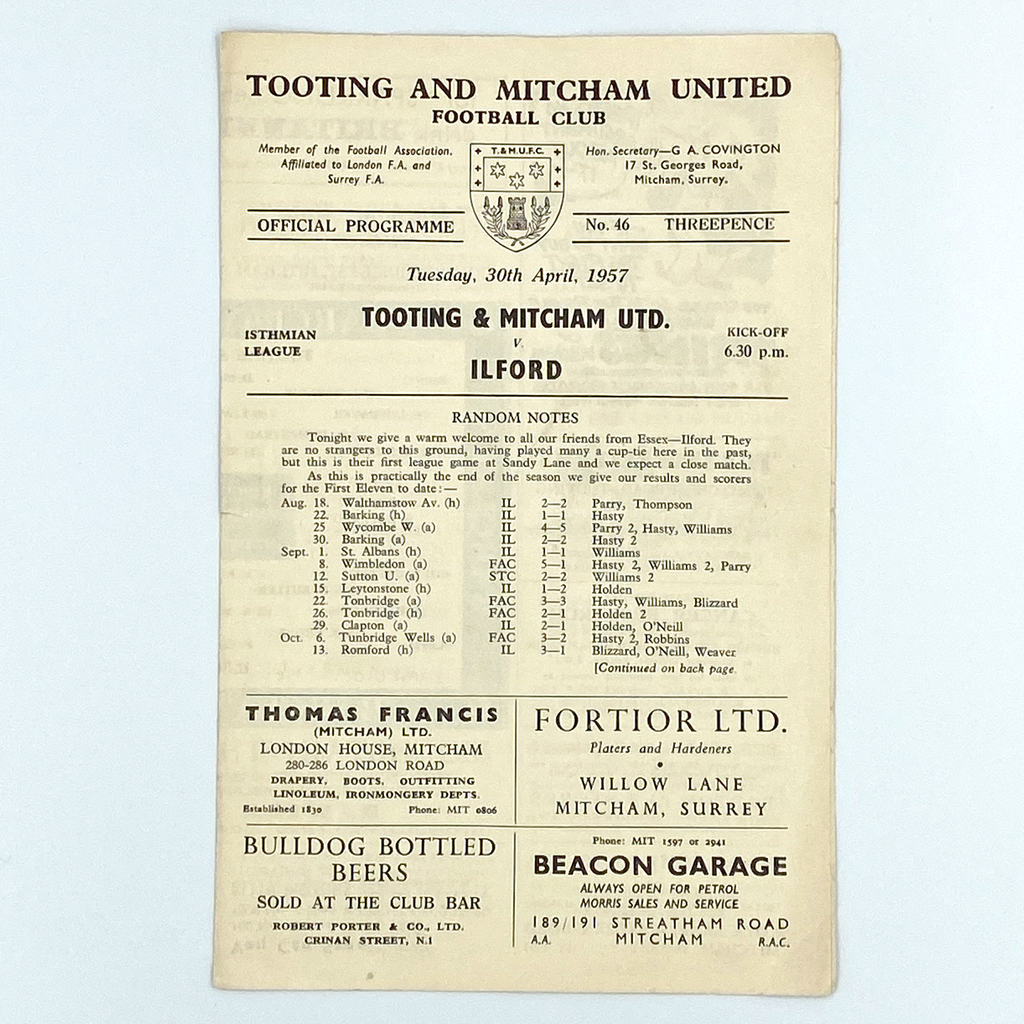 Tooting & Mitcham United vs Ilford Programme (30 April, 1957)