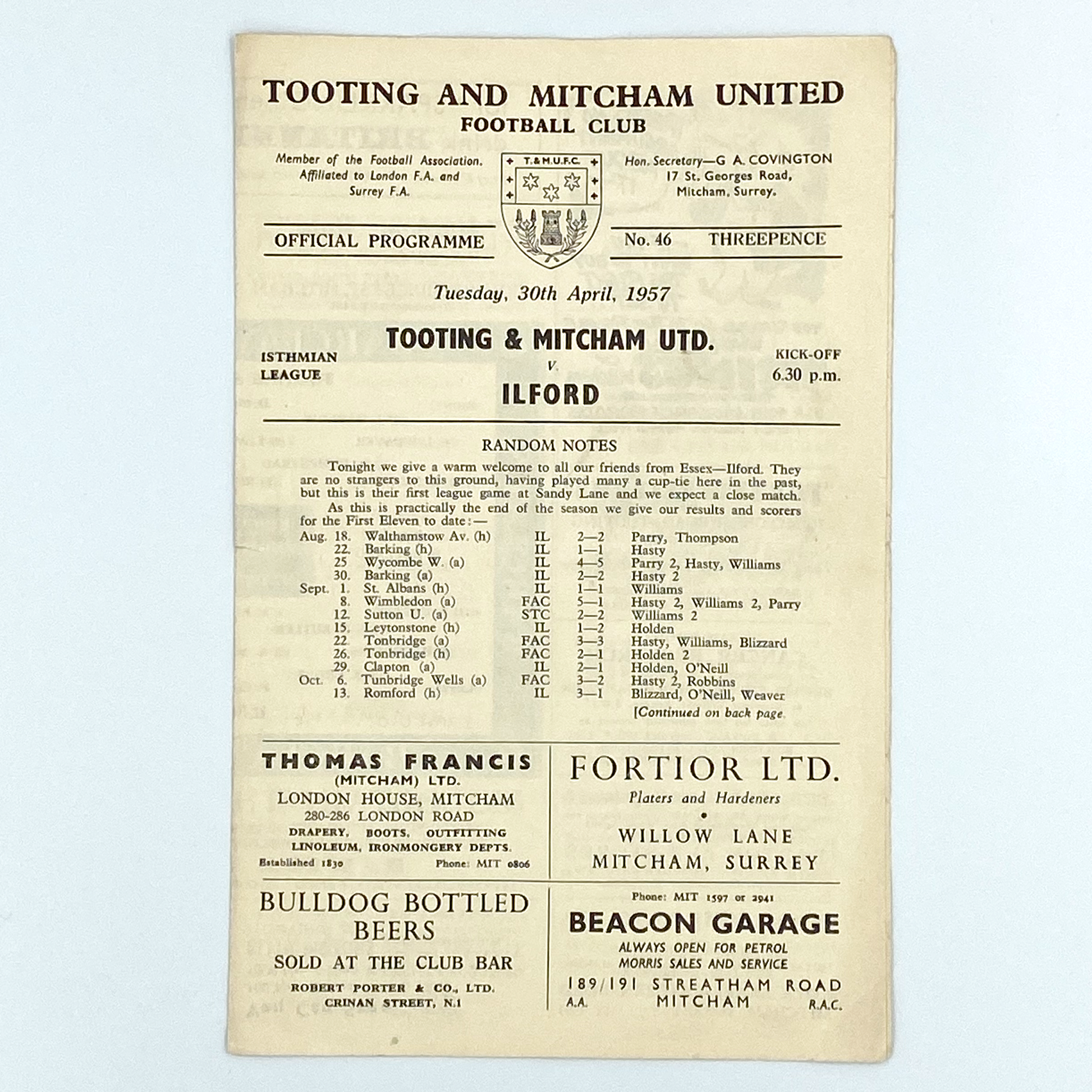 Tooting & Mitcham United vs Ilford Programme (30 April, 1957)