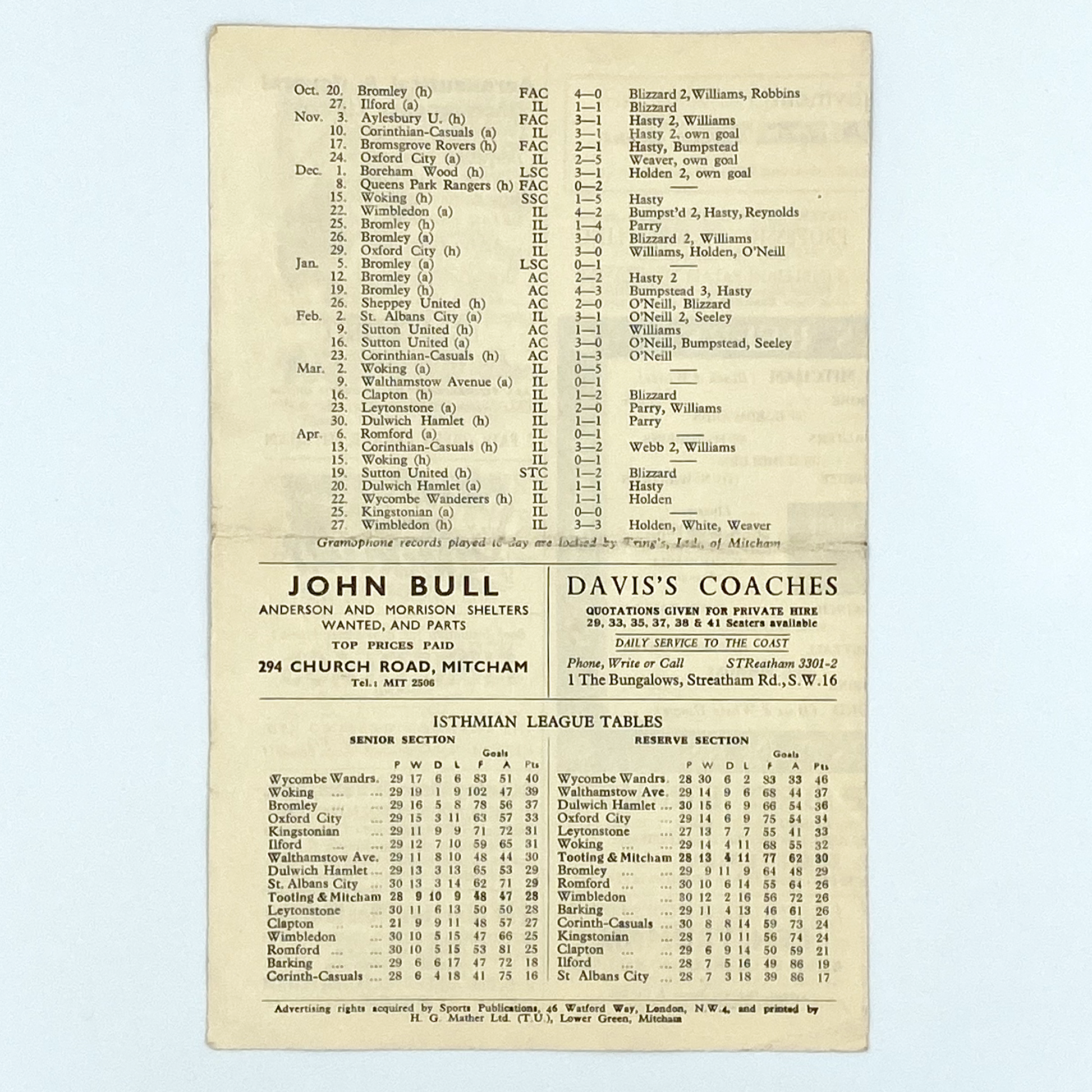 Tooting & Mitcham United vs Ilford Programme (30 April, 1957)