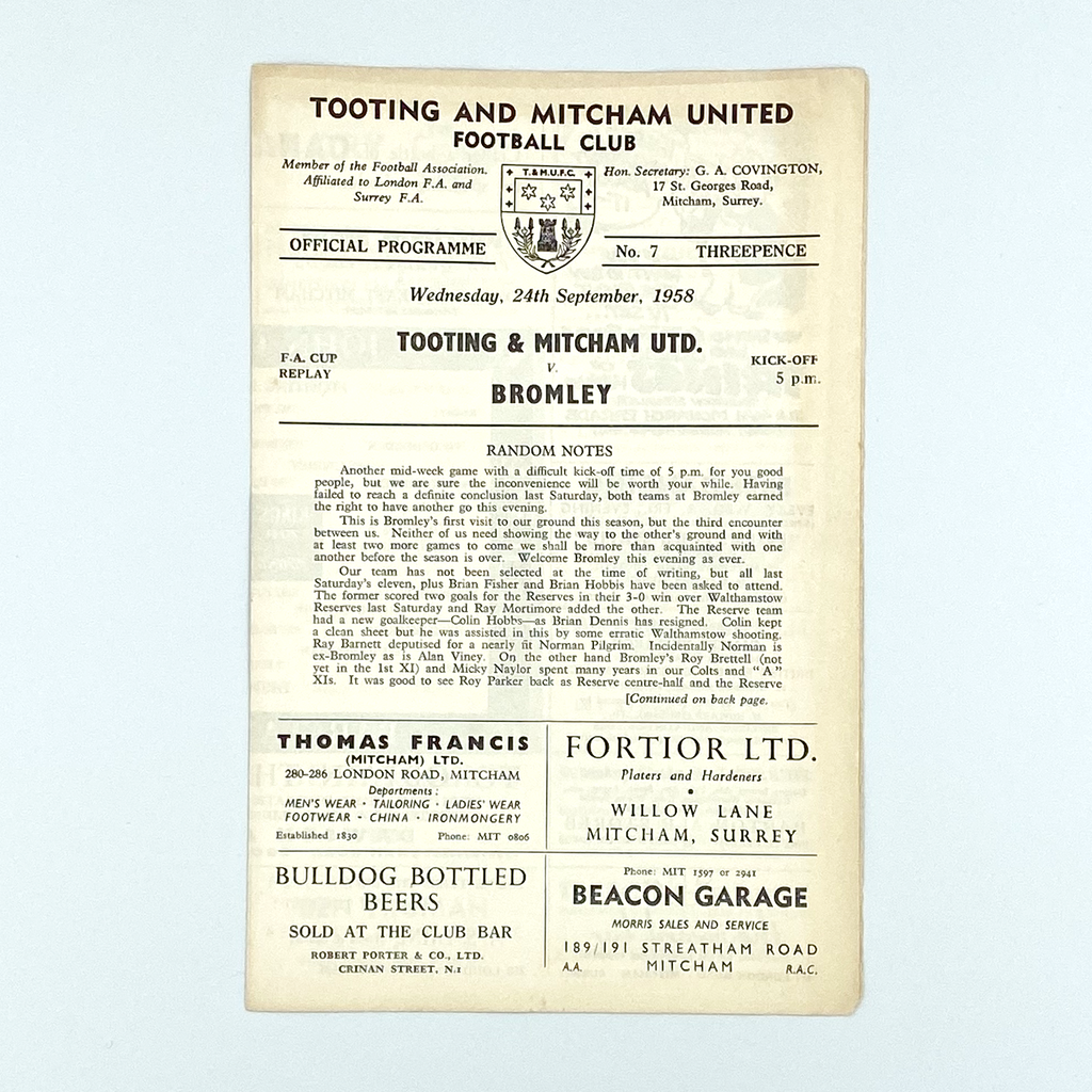 Tooting & Mitcham United vs Bromley Programme (24 September, 1958)