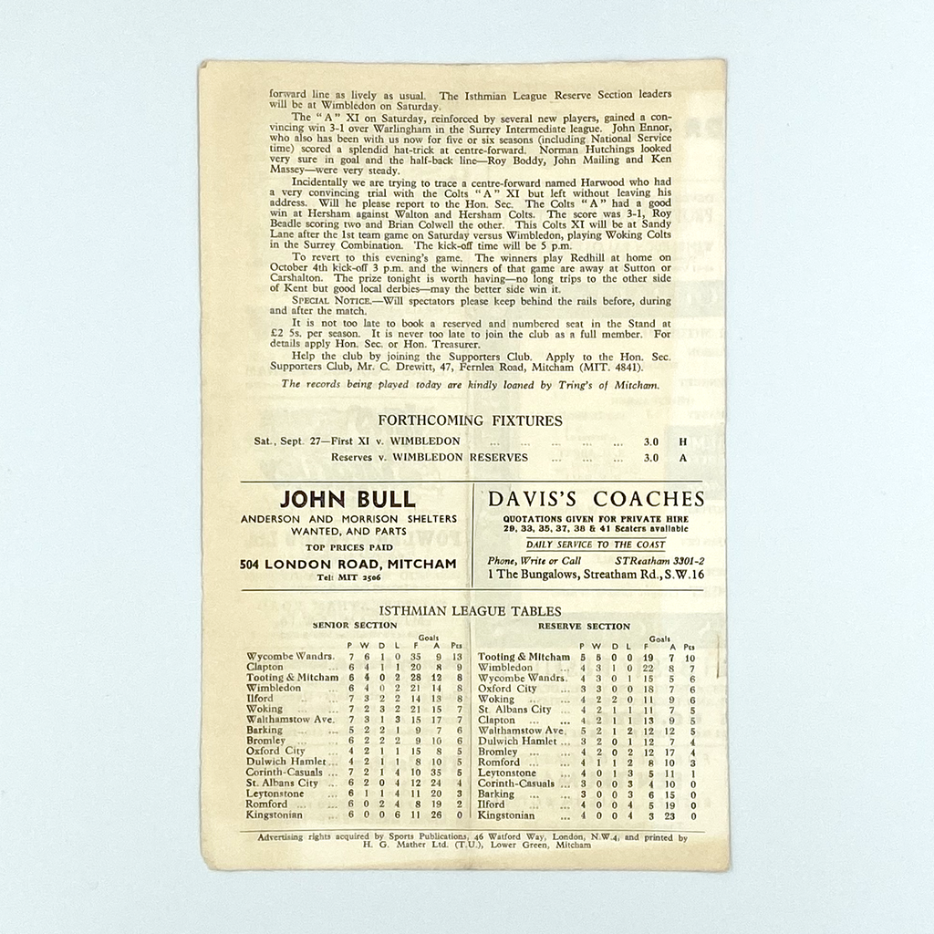 Tooting & Mitcham United vs Bromley Programme (24 September, 1958)