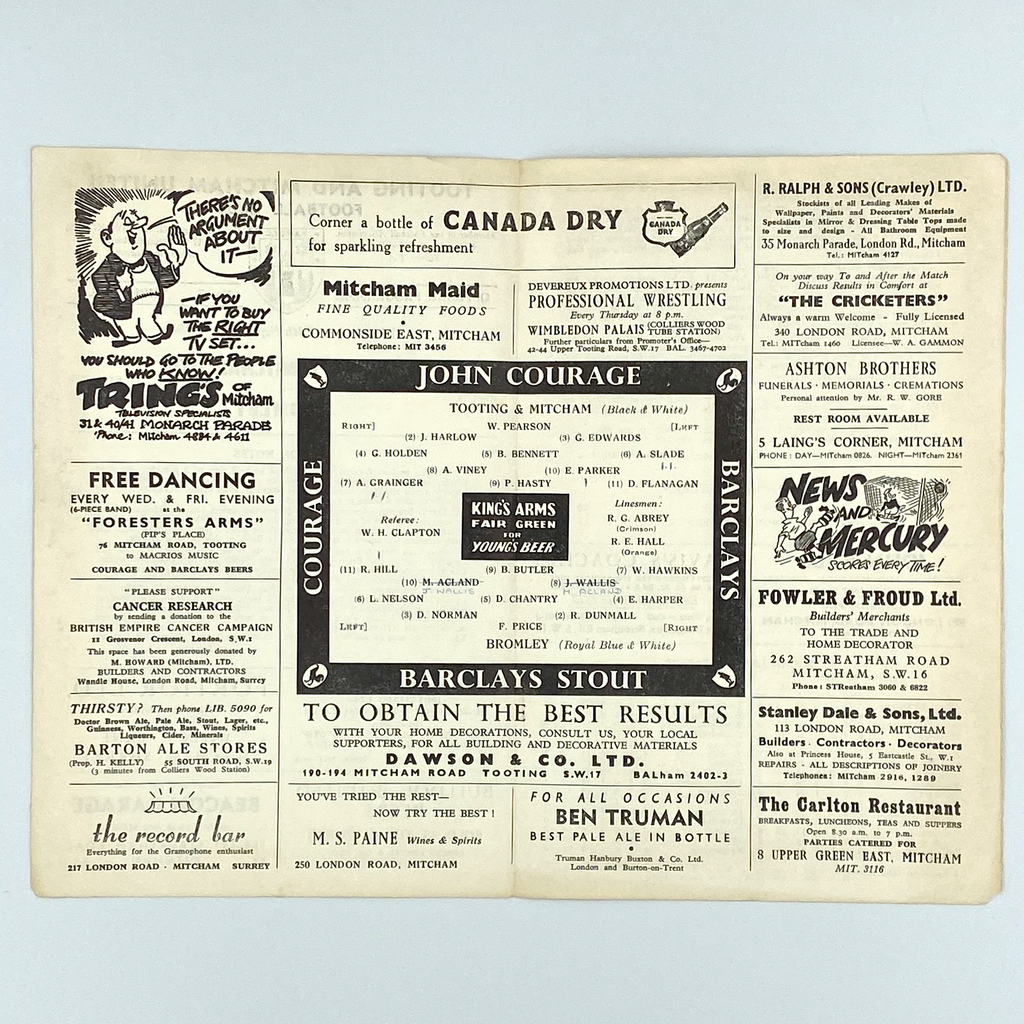 Tooting & Mitcham United vs Bromley Programme (24 September, 1958)