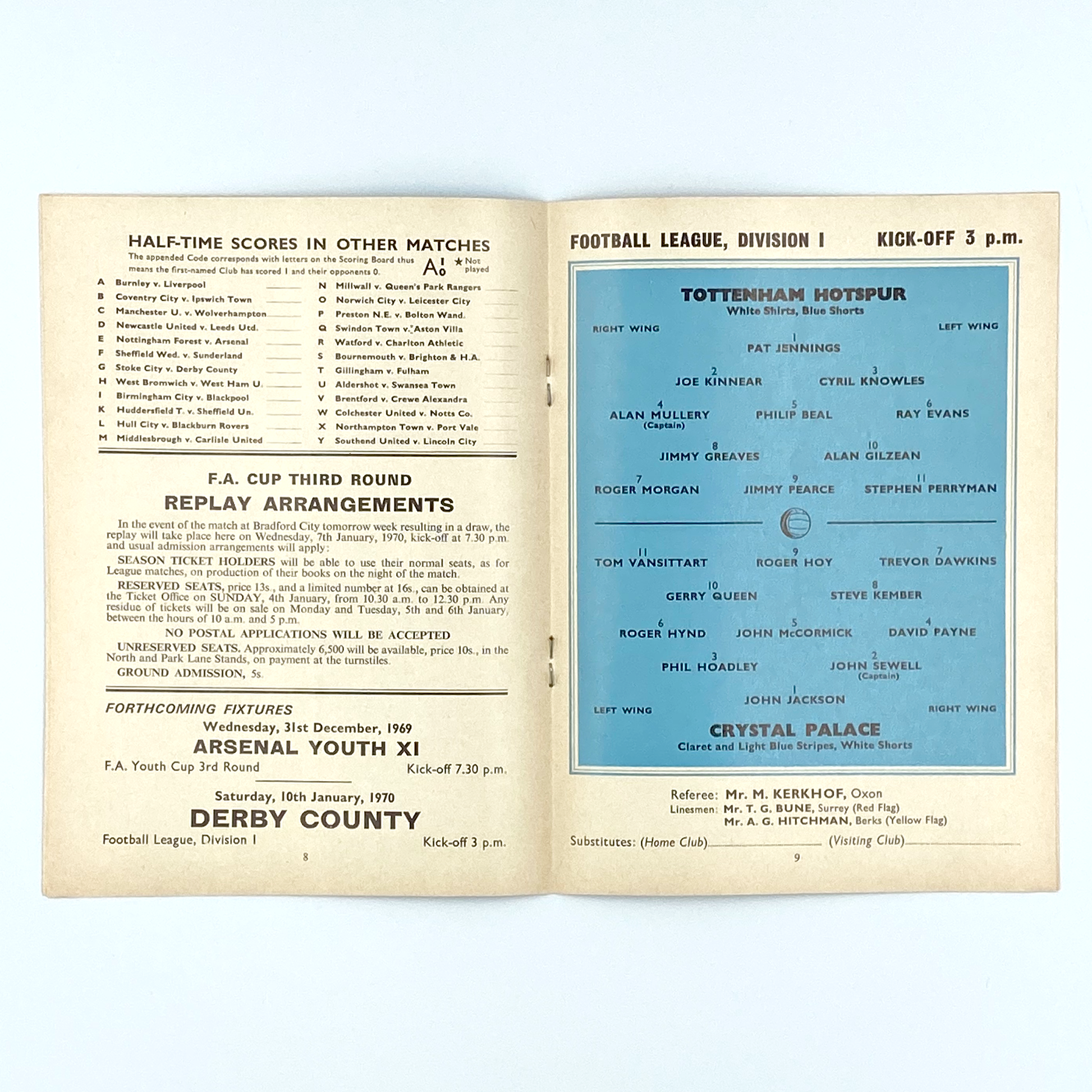 Tottenham Hotspur vs Crystal Palace Programme (26 December, 1969)