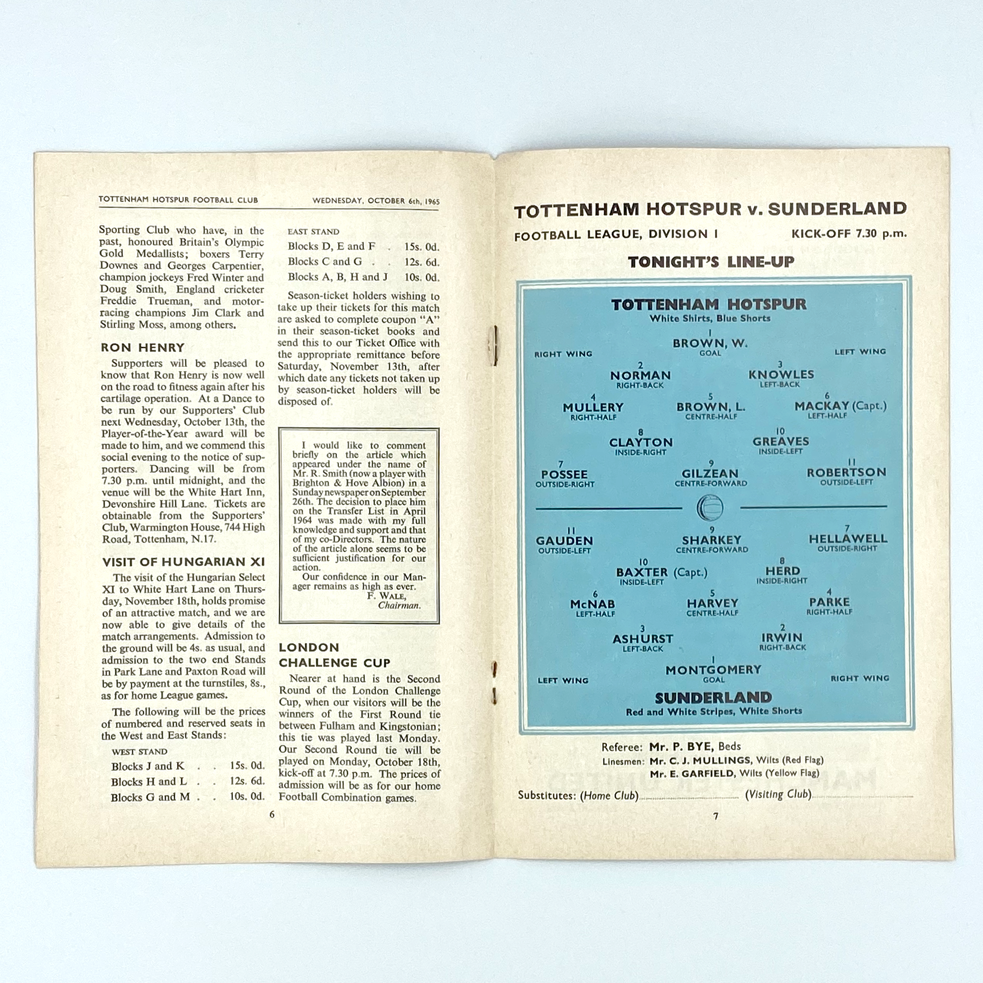 Tottenham Hotspur vs Sunderland Programme (6 October, 1965)