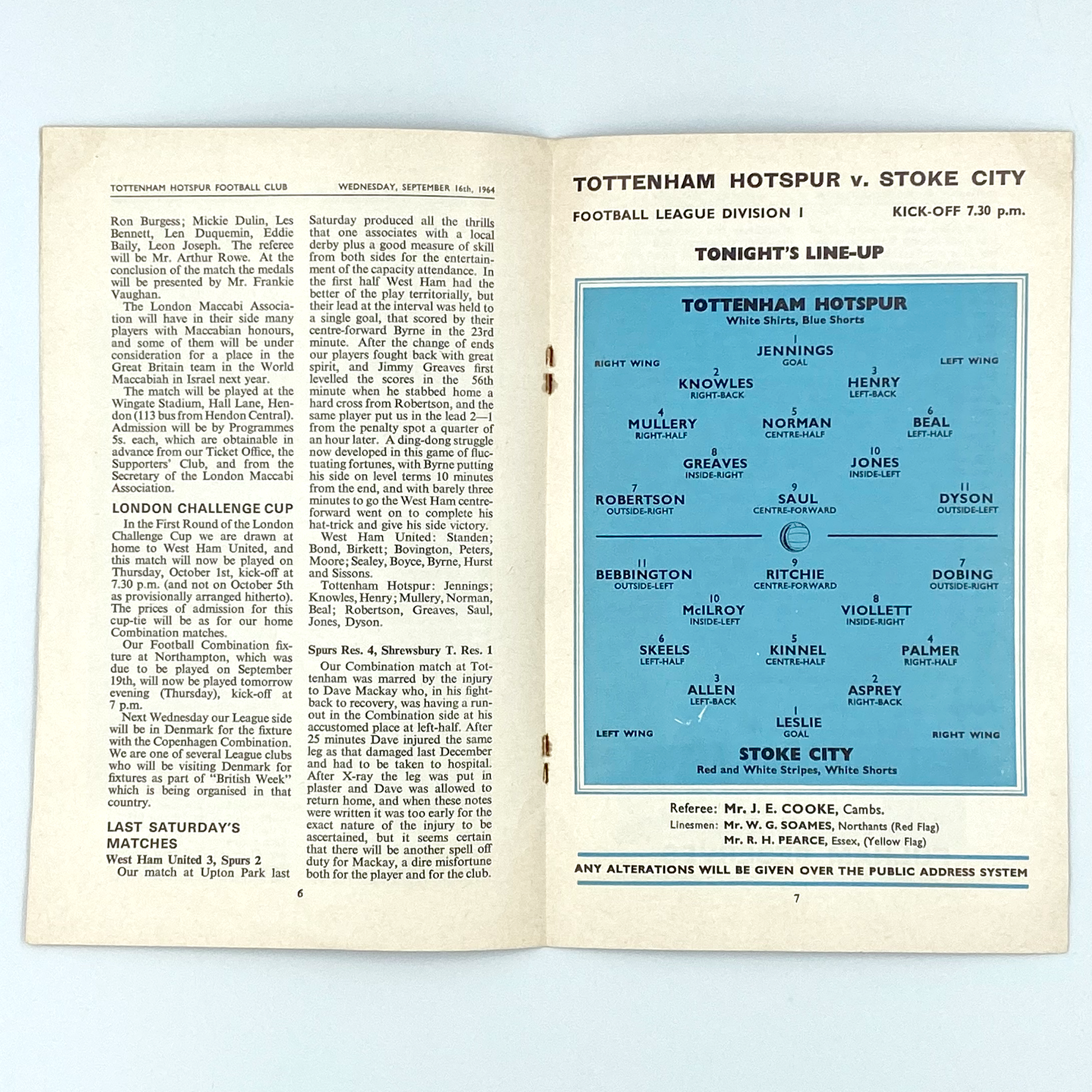 Tottenham Hotspur vs Stoke City Programme (16 September, 1964)