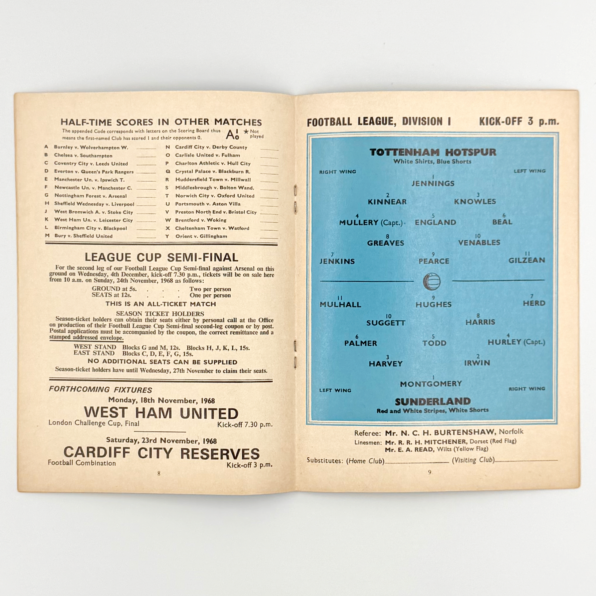 Tottenham Hotspur vs Sunderland Programme (16 November, 1968)