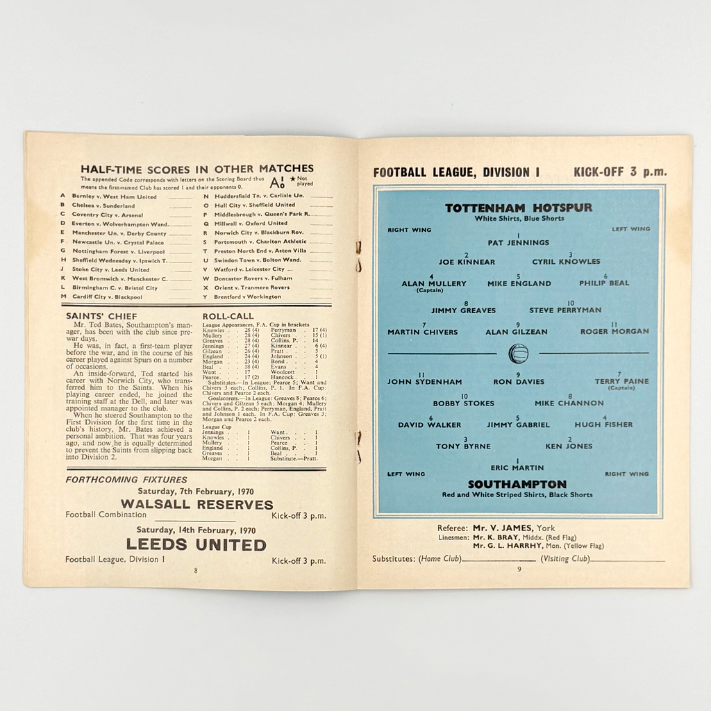 Tottenham Hotspur vs Southampton Programme (31 January, 1970)