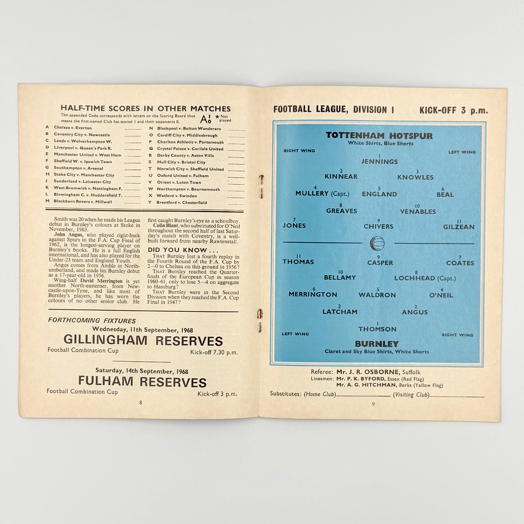 Tottenham Hotspur vs Burnley Programme (7 September, 1968)